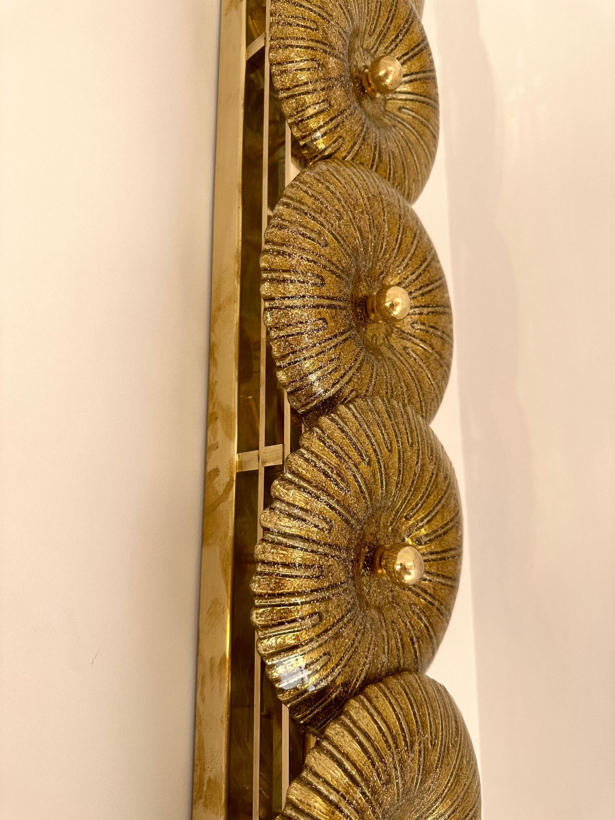 6414.0 Large Contemporary Pair Of Brass Gold Leaf Murano Glass Sconces, Italy photo
