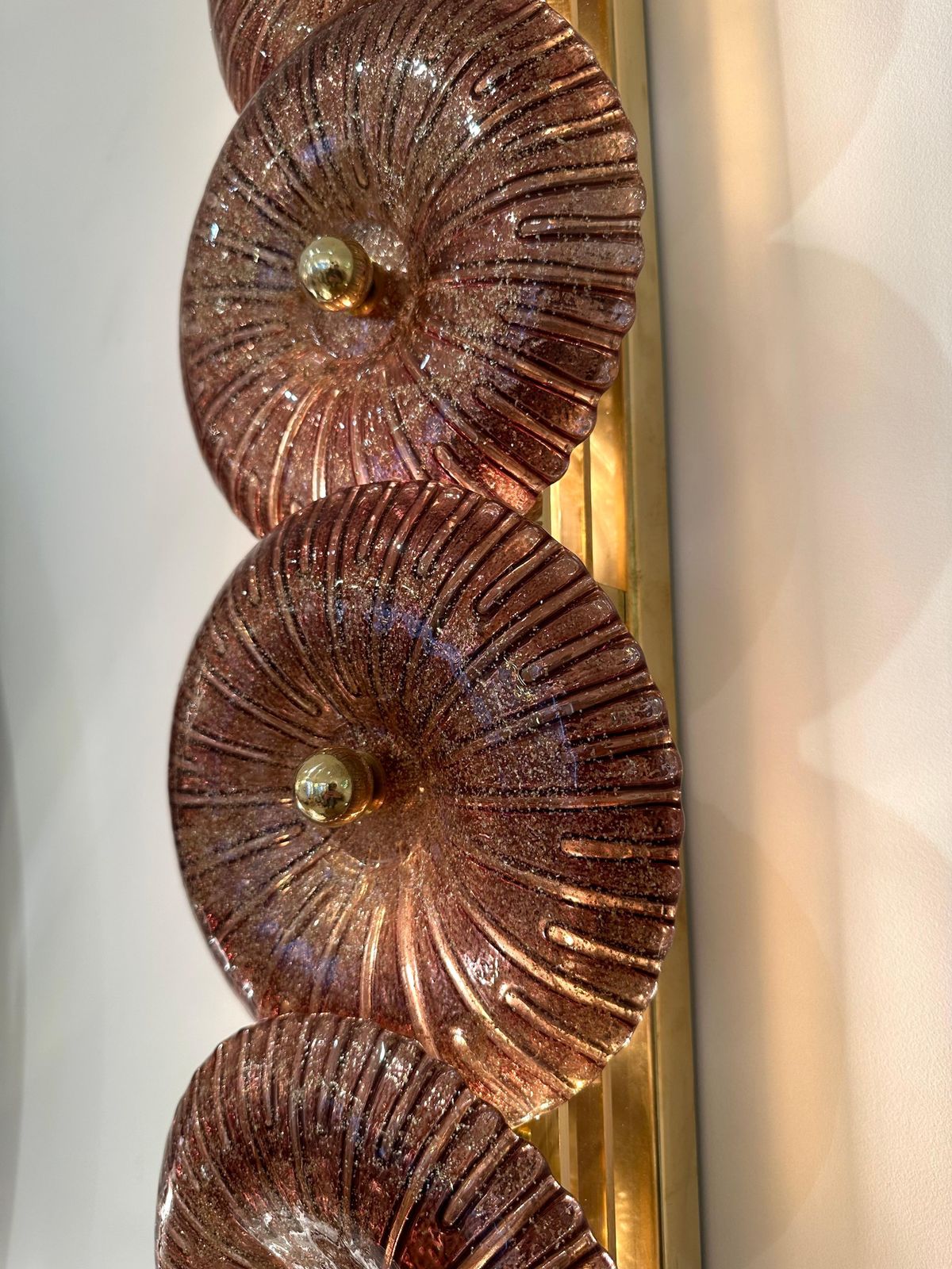 Large Contemporary Pair Of Brass Pink Gold Leaf Murano Glass Sconces, Italy photo for sale