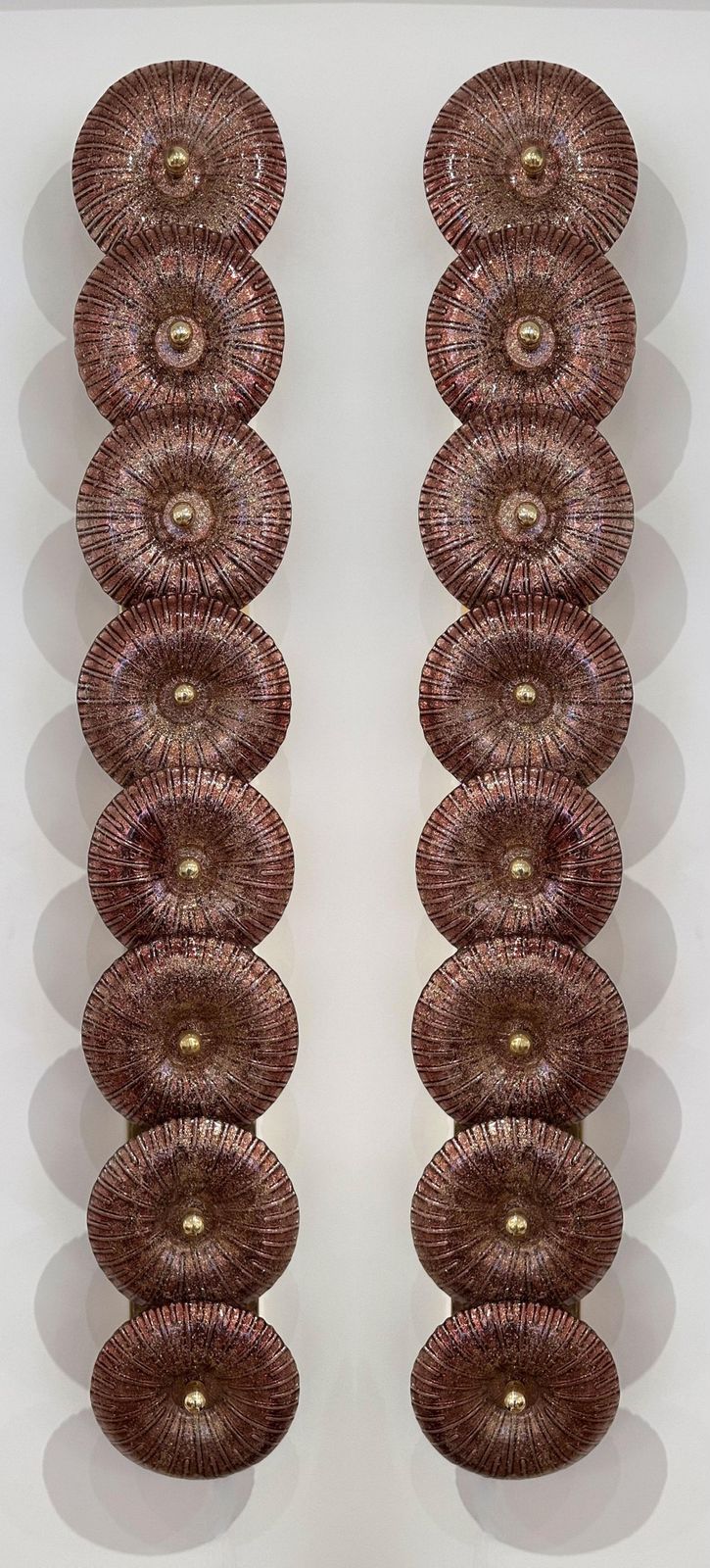 photo for sale Large Contemporary Pair Of Brass Pink Gold Leaf Murano Glass Sconces, Italy