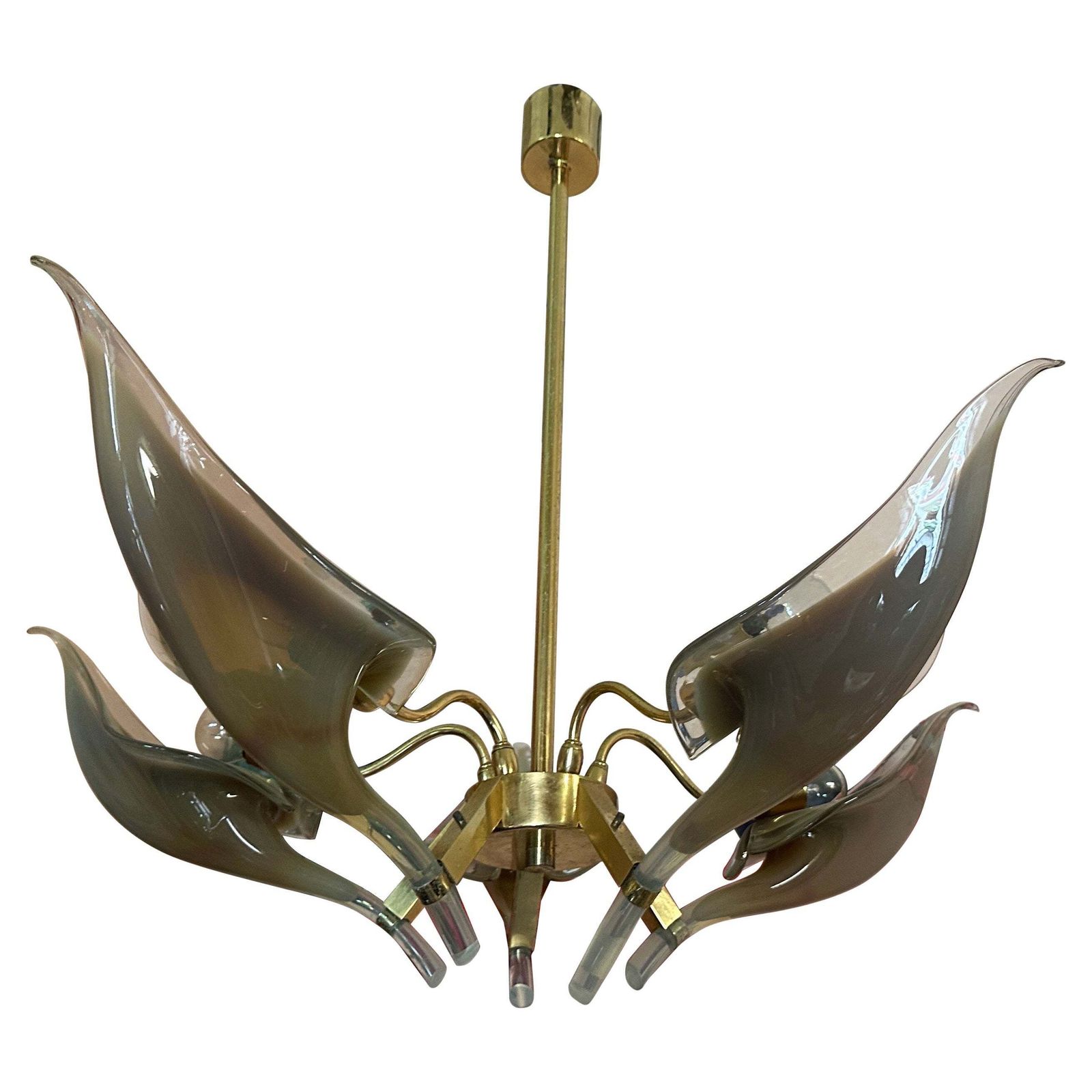 1970s Mid Century Modern Brown Murano Glass And Brass Chandelier By Franco Luce