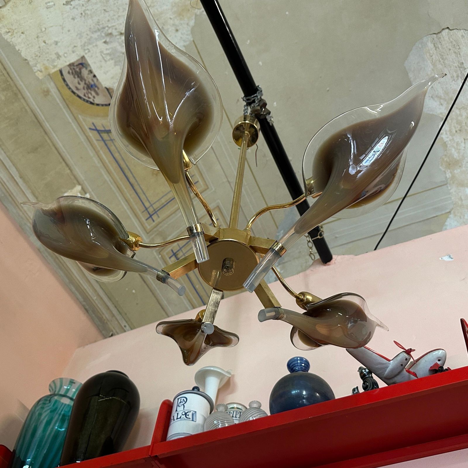 1970s Mid Century Modern Brown Murano Glass And Brass Chandelier By Franco Luce photo vintage