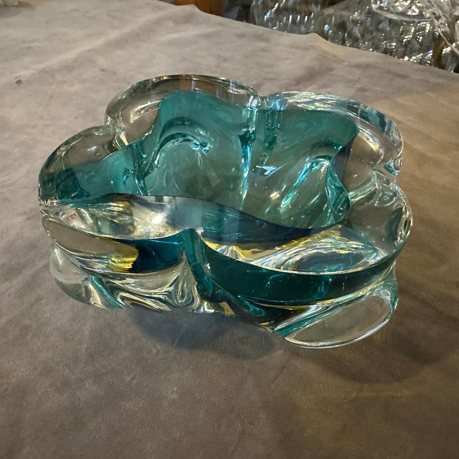 1960s Seguso Style Modern Heavy Green And Yellow Murano Glass Big Ashtray photo for sale