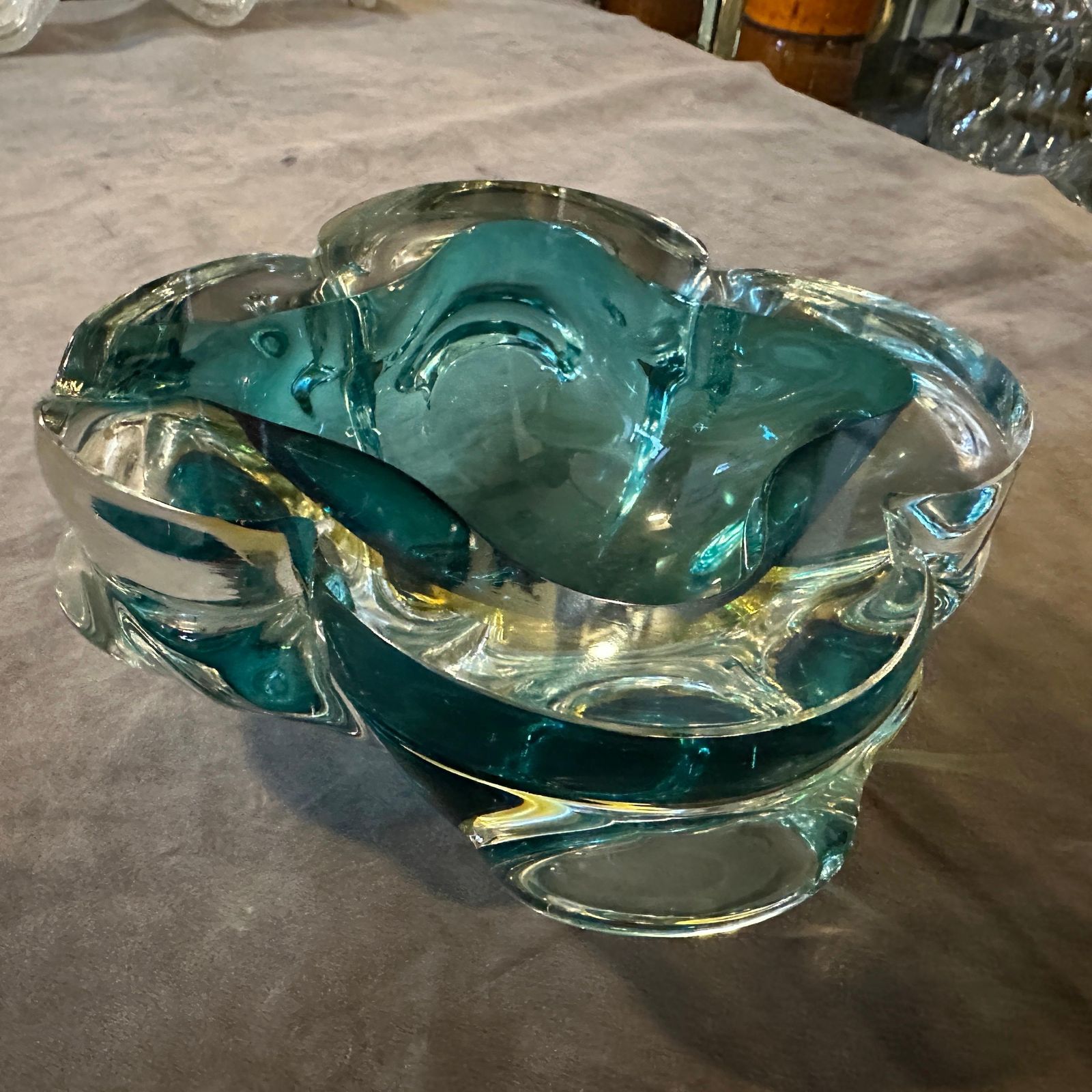 photo furniture 1960s Seguso Style Modern Heavy Green And Yellow Murano Glass Big Ashtray