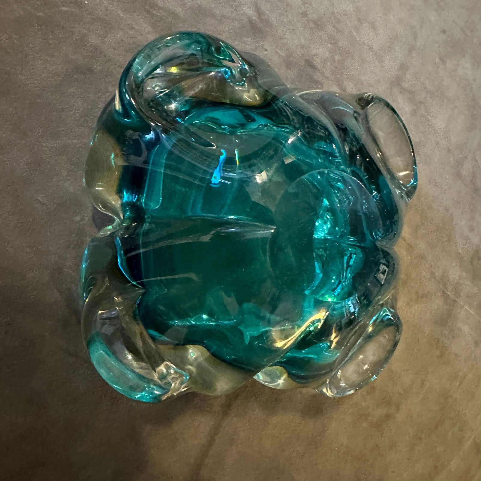 photo for sale 1960s Seguso Style Modern Heavy Green And Yellow Murano Glass Big Ashtray