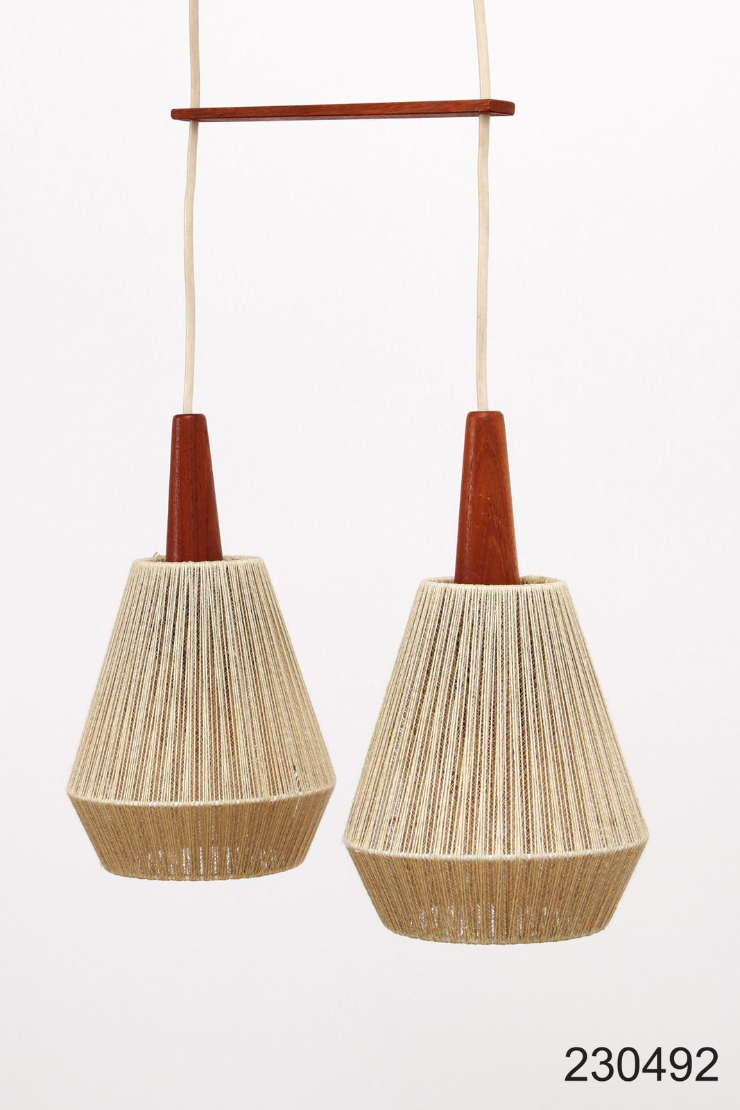 photo vintage Vintage Hanging Lamp With Two Shades And Teak, 1960s Sweden
