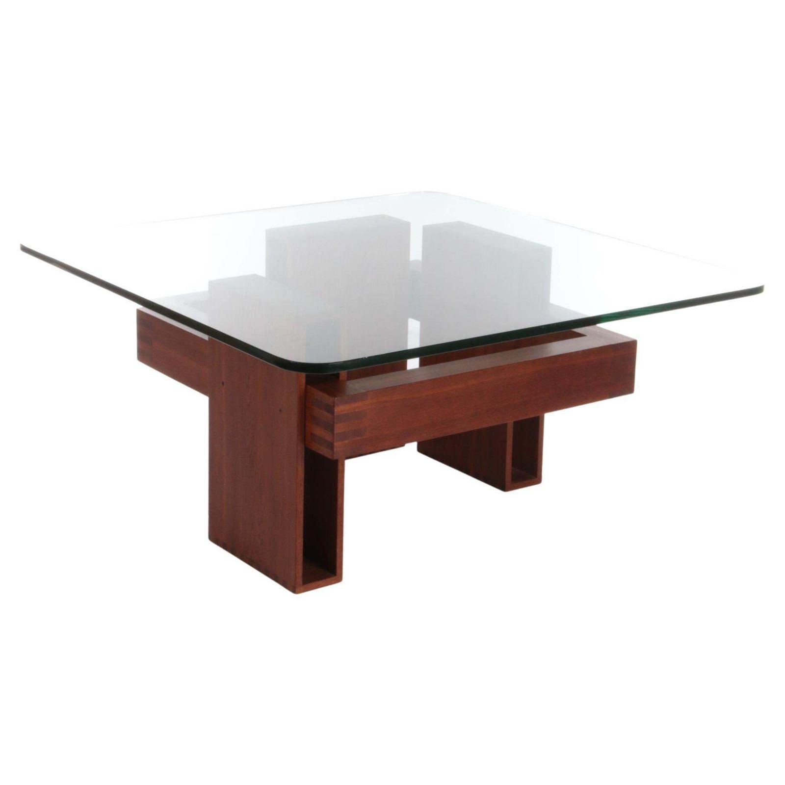 French Brutalist Design Coffee Table Of Teak With Glass Top, 1970