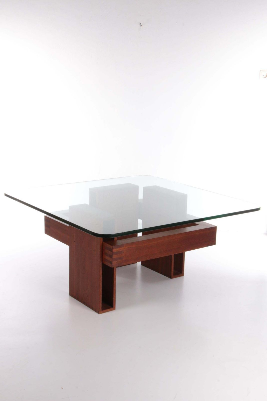 French Brutalist Design Coffee Table Of Teak With Glass Top, 1970 photo for sale