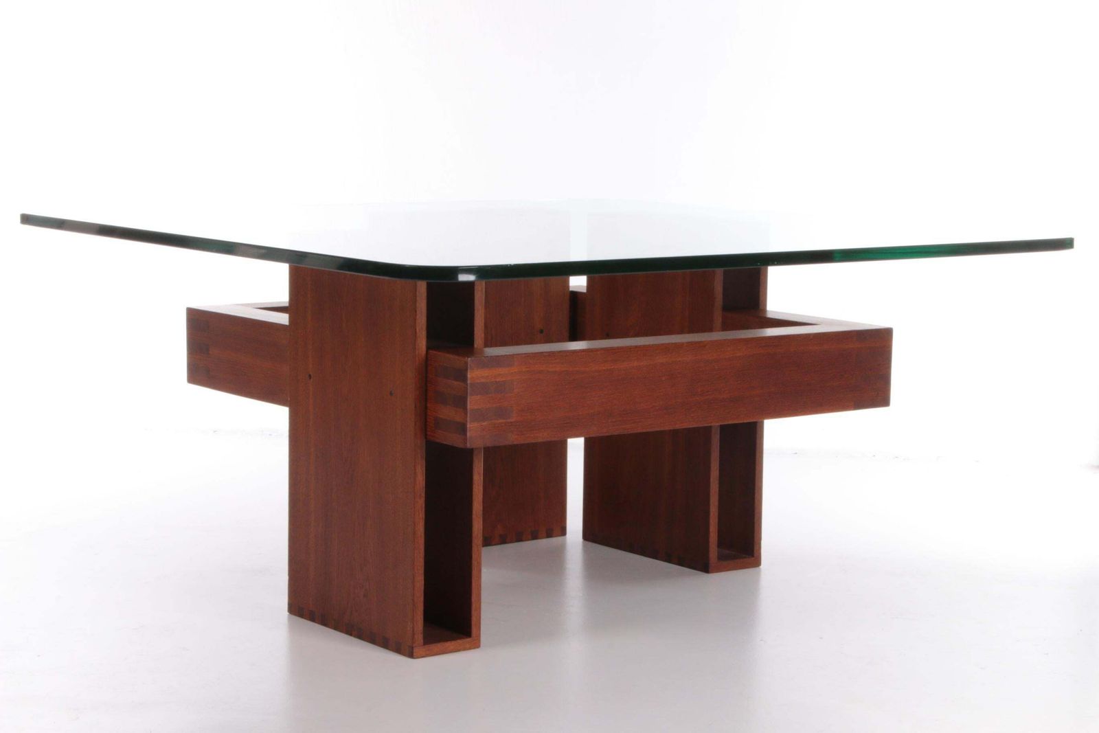 French Brutalist Design Coffee Table Of Teak With Glass Top, 1970 photo 2780.0