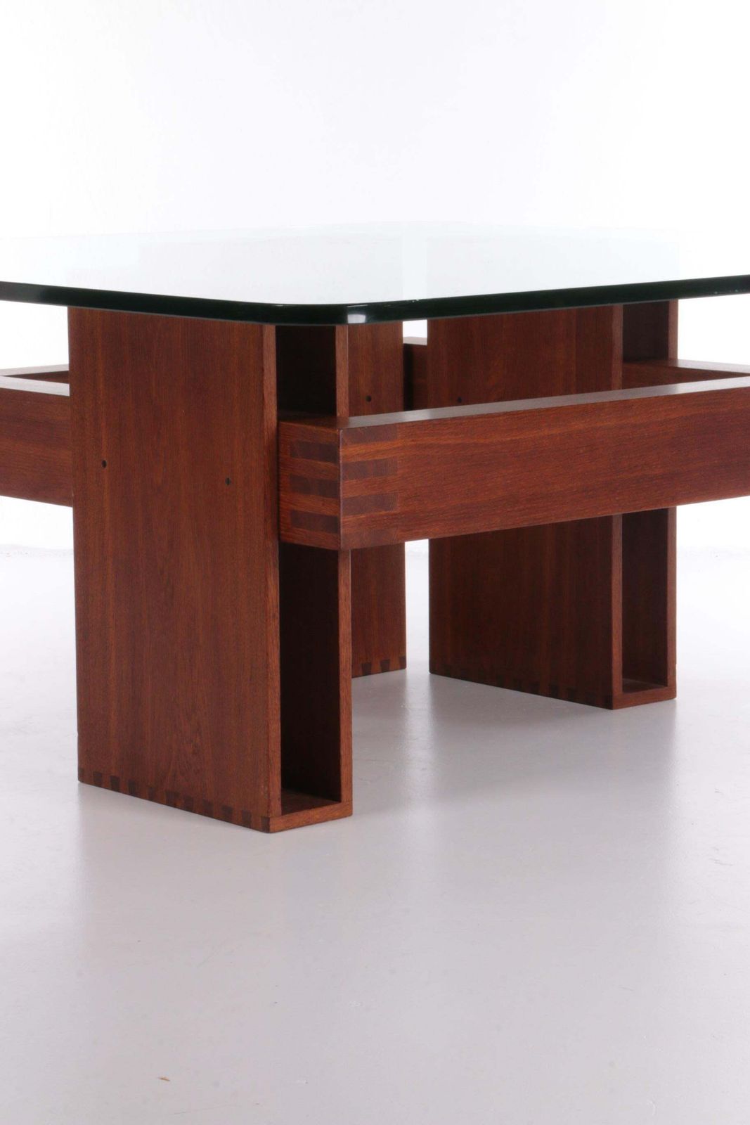 French Brutalist Design Coffee Table Of Teak With Glass Top, 1970 photo vinterior