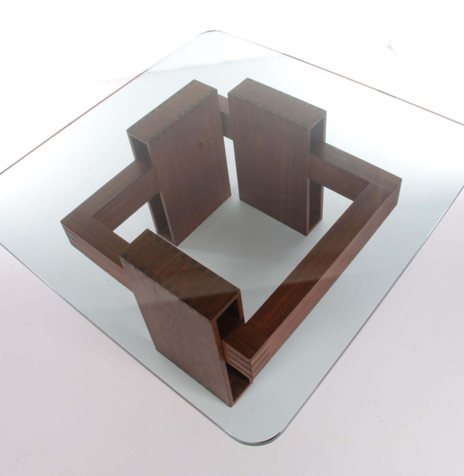 French Brutalist Design Coffee Table Of Teak With Glass Top, 1970 photo vintage
