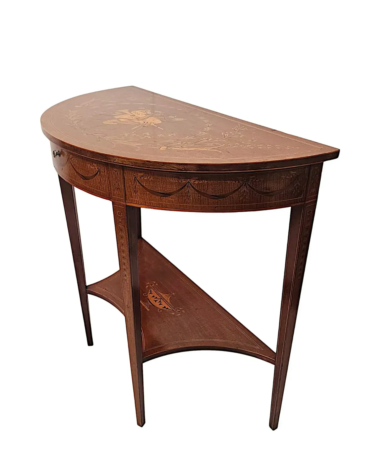 A Very Rare Edwardian Marquetry Inlaid Demilune Hall Or Console Table Attributed To London Maker 'Edward And Roberts' photo for sale