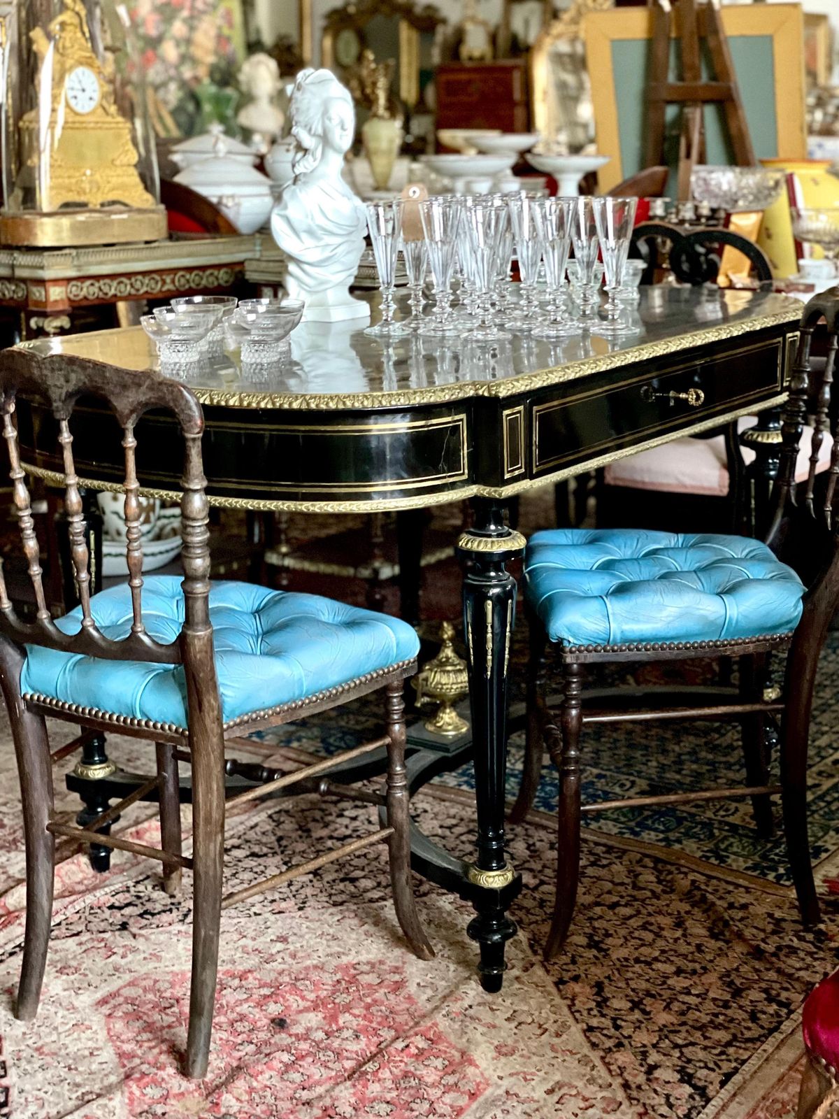 Furniture Pair Of Napoleon III Side Chairs With Blue Leather Upholstery photo