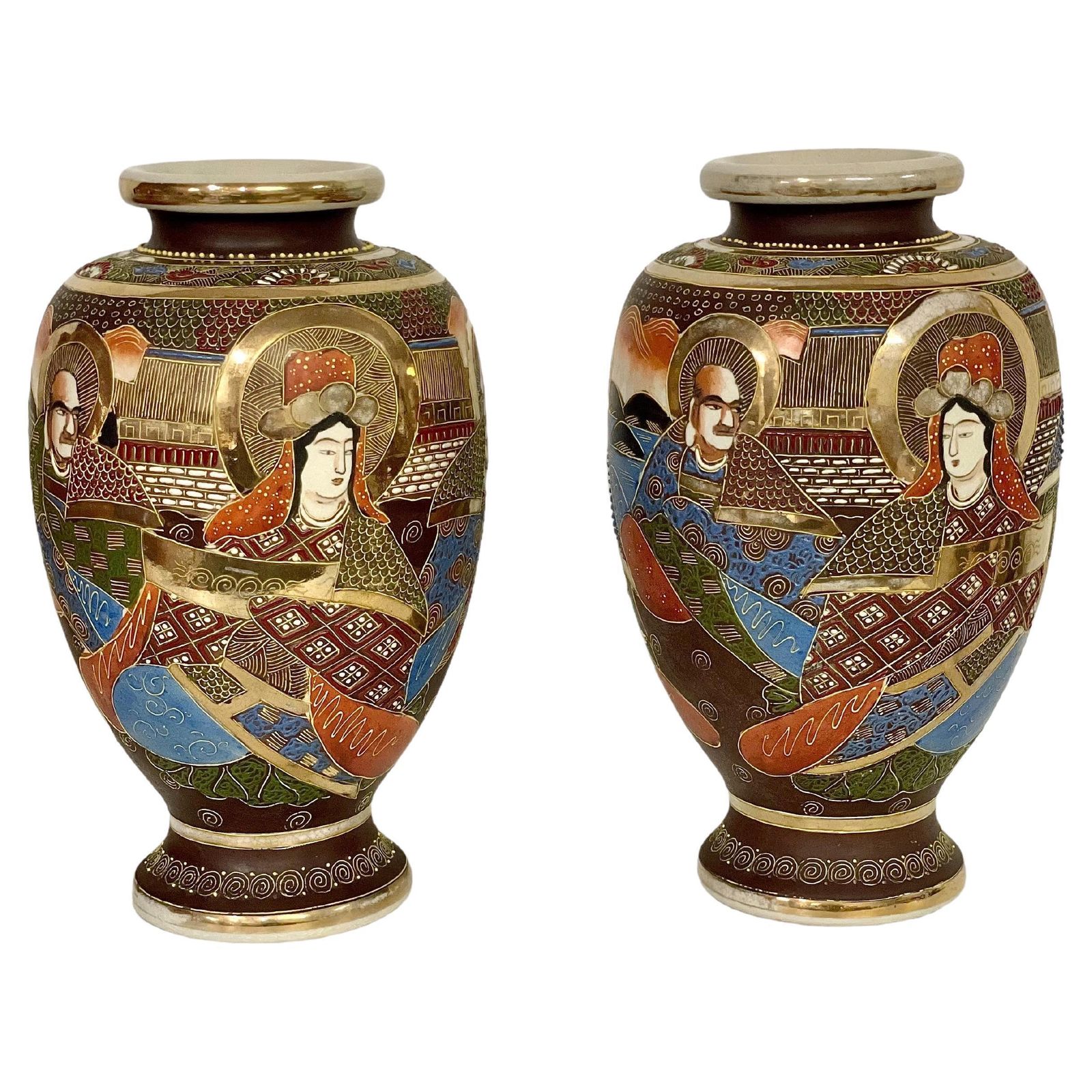Pair Of Japanese Satsuma 'Moriage' Porcelain Gilt Vases