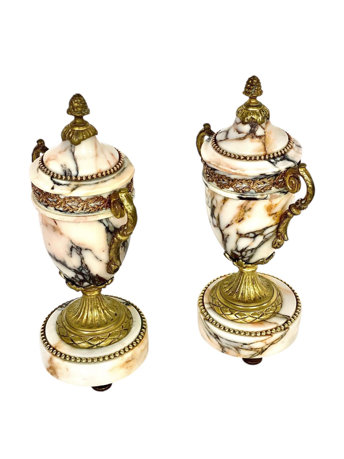 Pair Of 19th Century Gilt Bronze And Marble Cassolettes Or Urns photo vintage