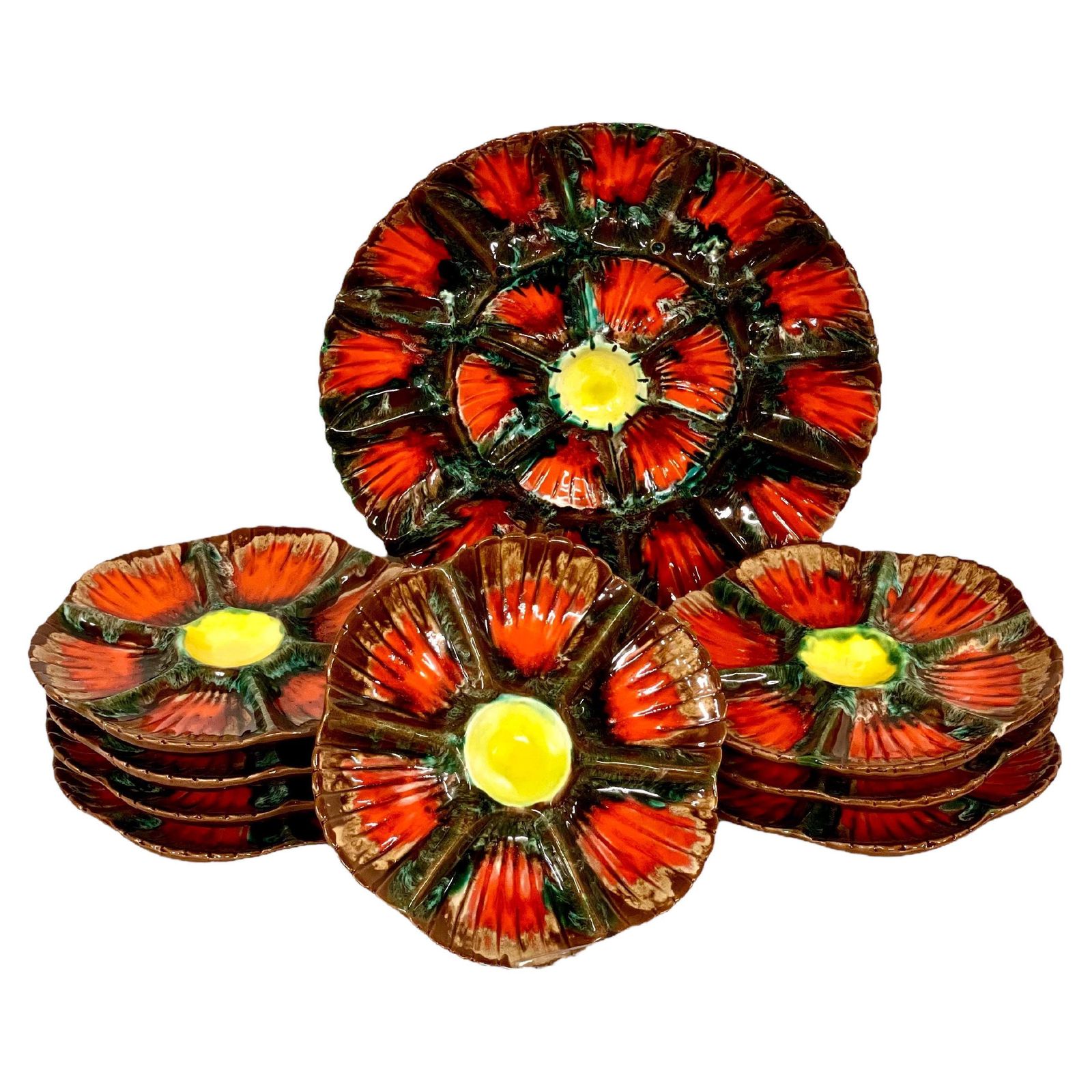 19th Century Set Of Eight Majolica Oyster Plates And Serving Platter