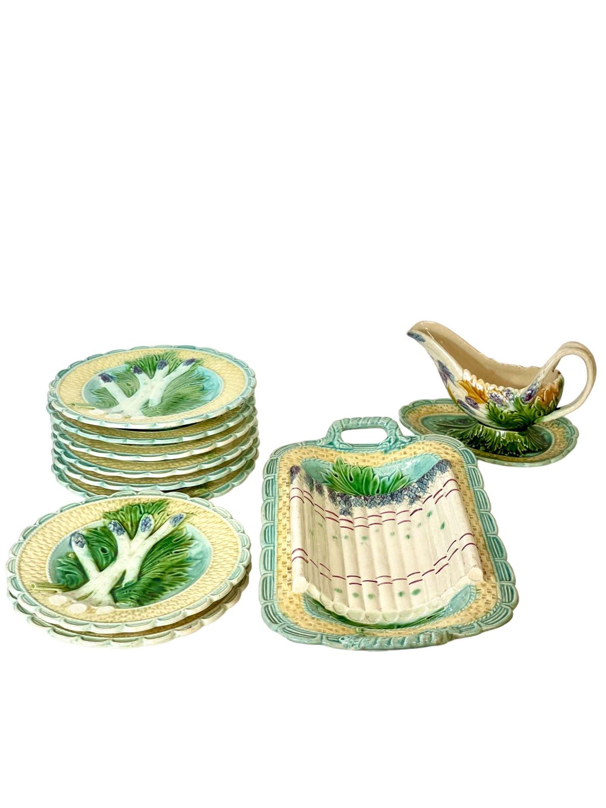 Barbotine Majolica Glazed Asparagus Sauce Boat photo vinterior