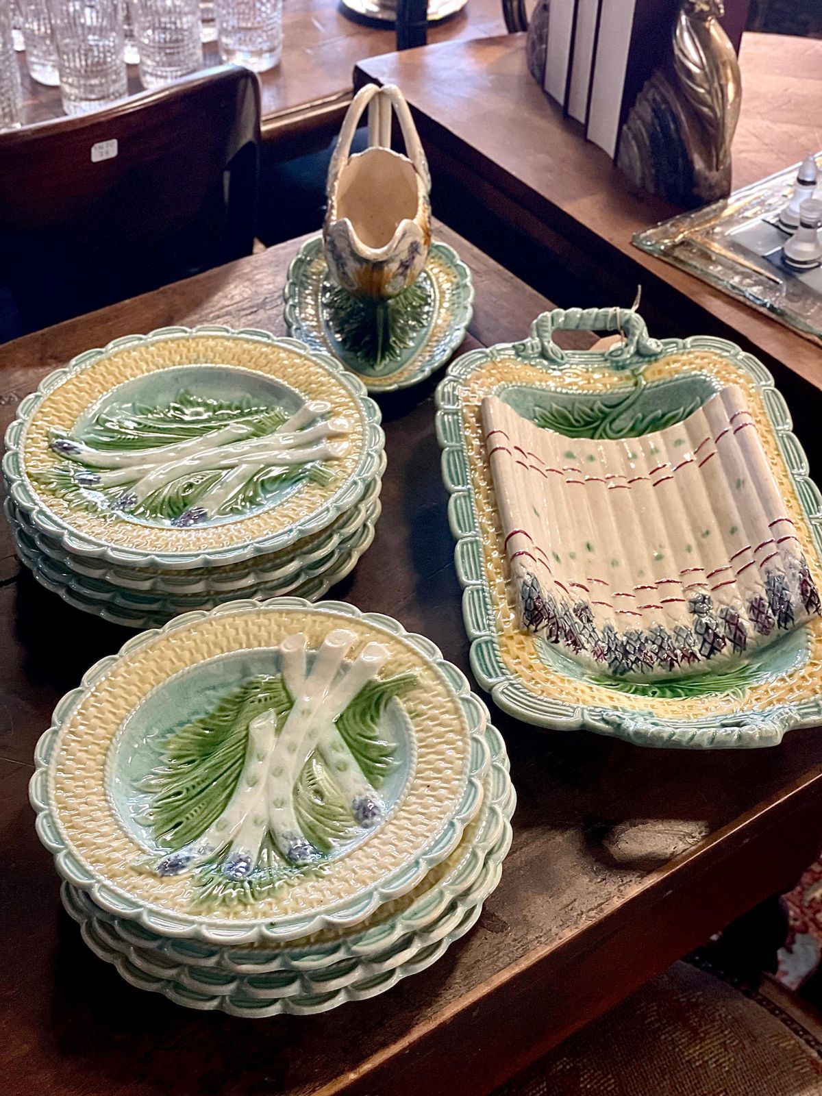 Barbotine Majolica Glazed Asparagus Sauce Boat photo vintage