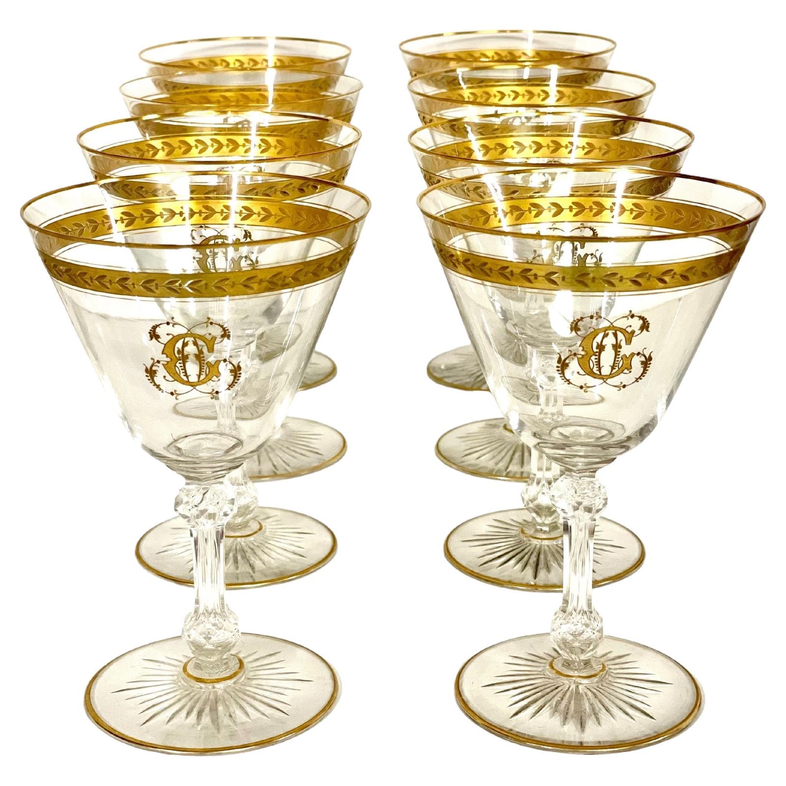 Set Of Eight Antique Crystal Gilded Glasses In The Saint Louis Style