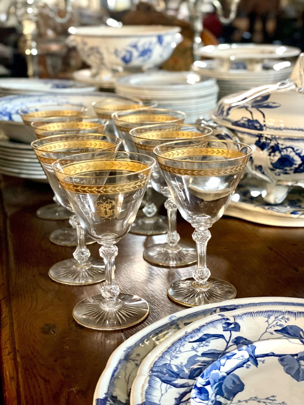 photo for sale Set Of Eight Antique Crystal Gilded Glasses In The Saint Louis Style