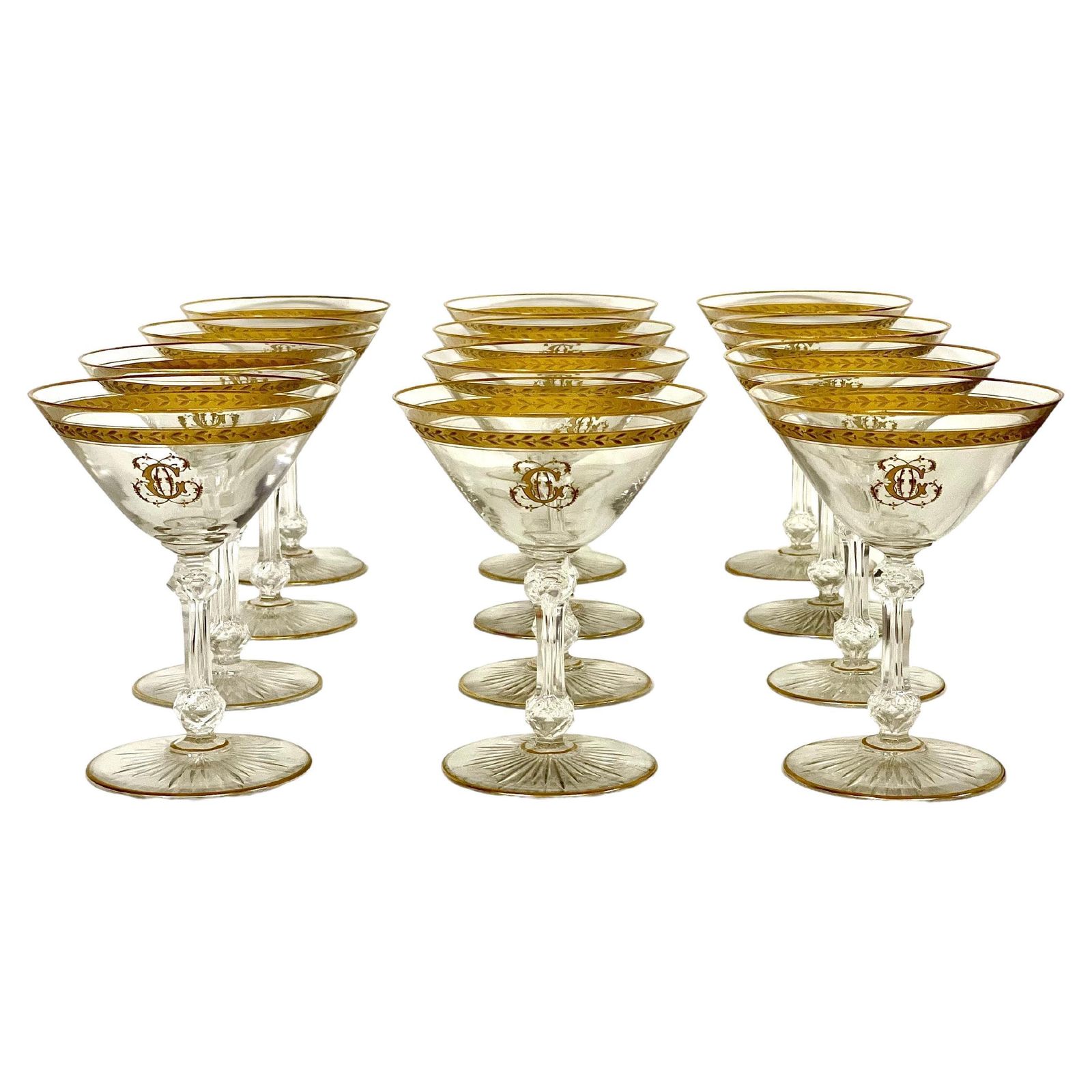 19th Century Twelve Crystal Gilded Champagne Glasses In The Saint Louis Style