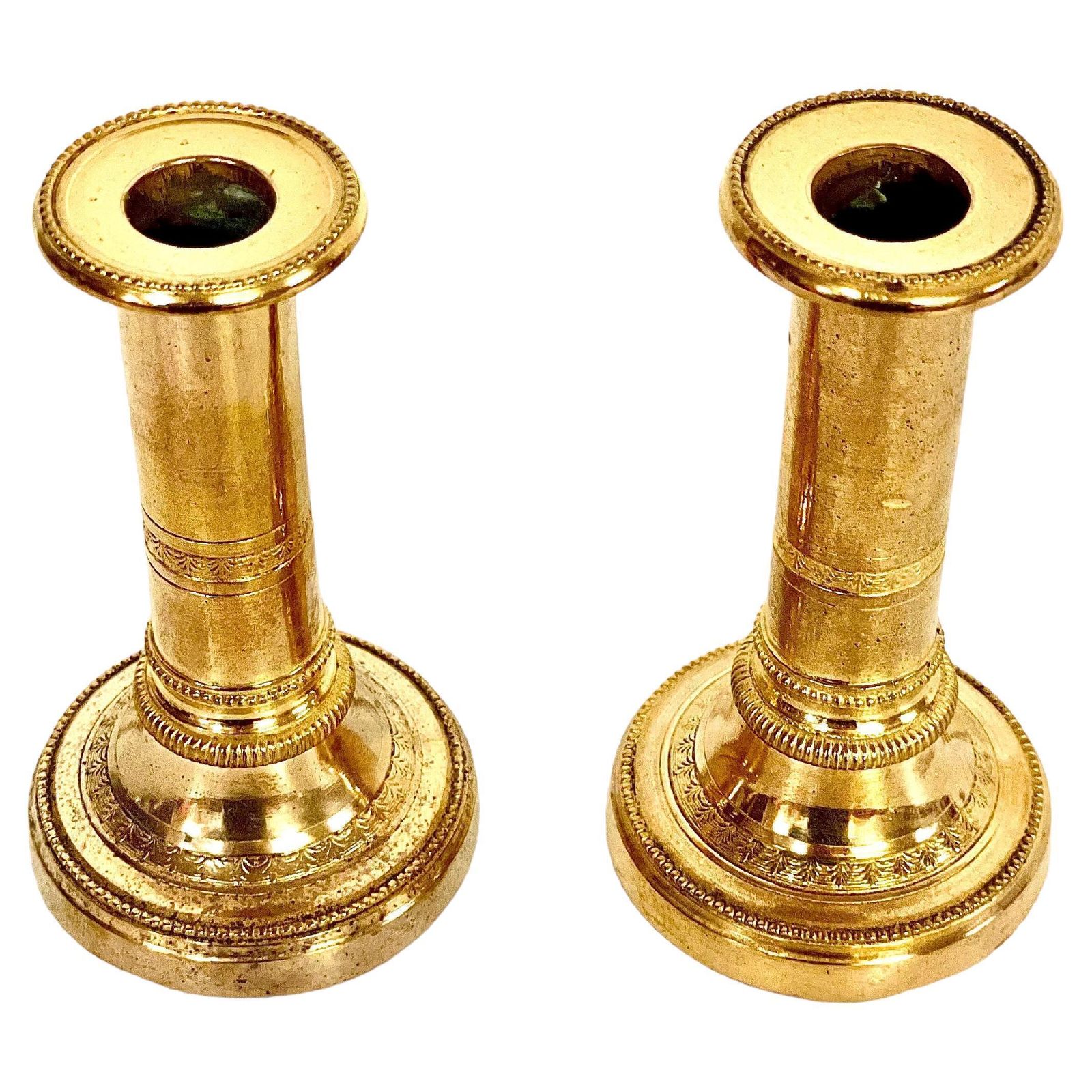 Petite Pair Of Gilt Bronze Candlesticks. 19th Century