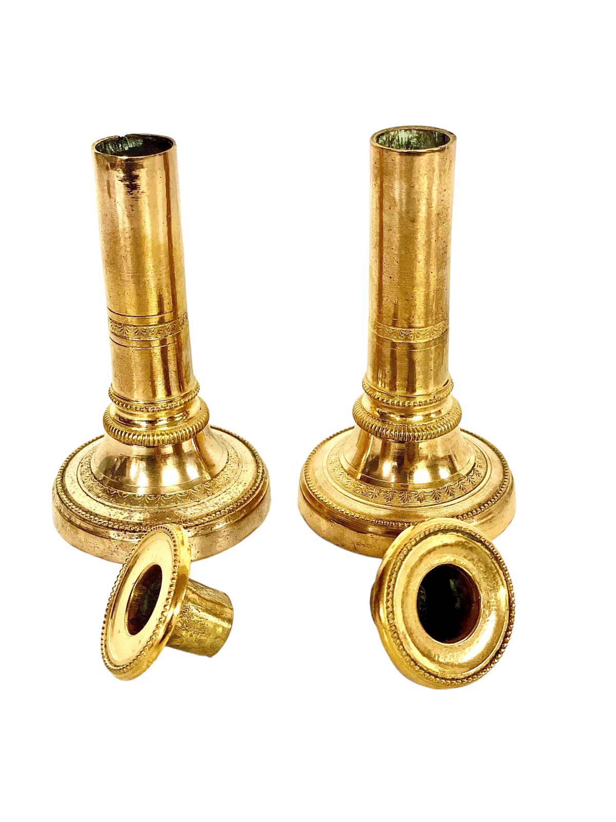 Petite Pair Of Gilt Bronze Candlesticks. 19th Century photo for sale