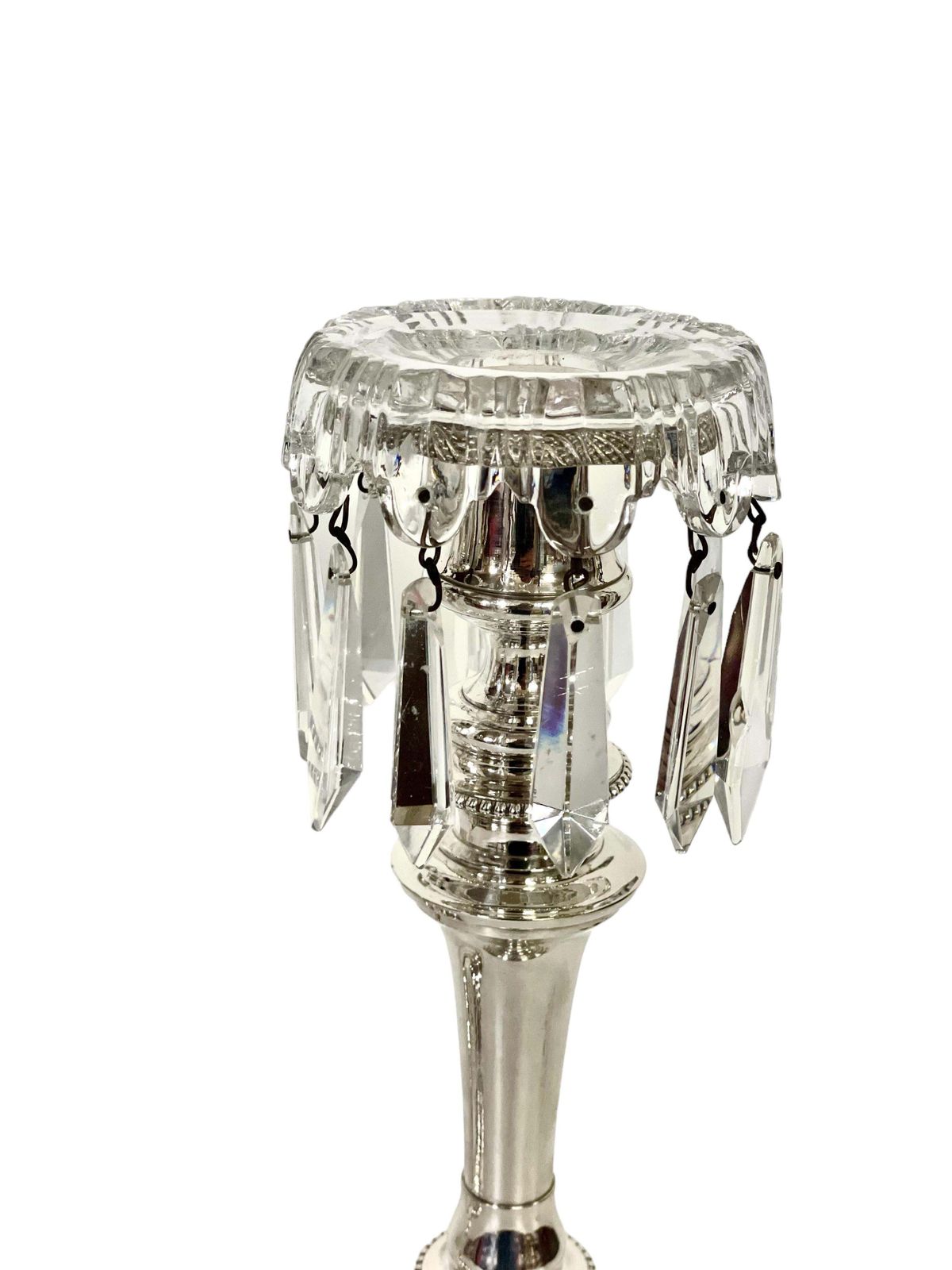photo for sale Louis XVI Style Pair Of Silver Plated And Crystal Candle Holders By Morlot