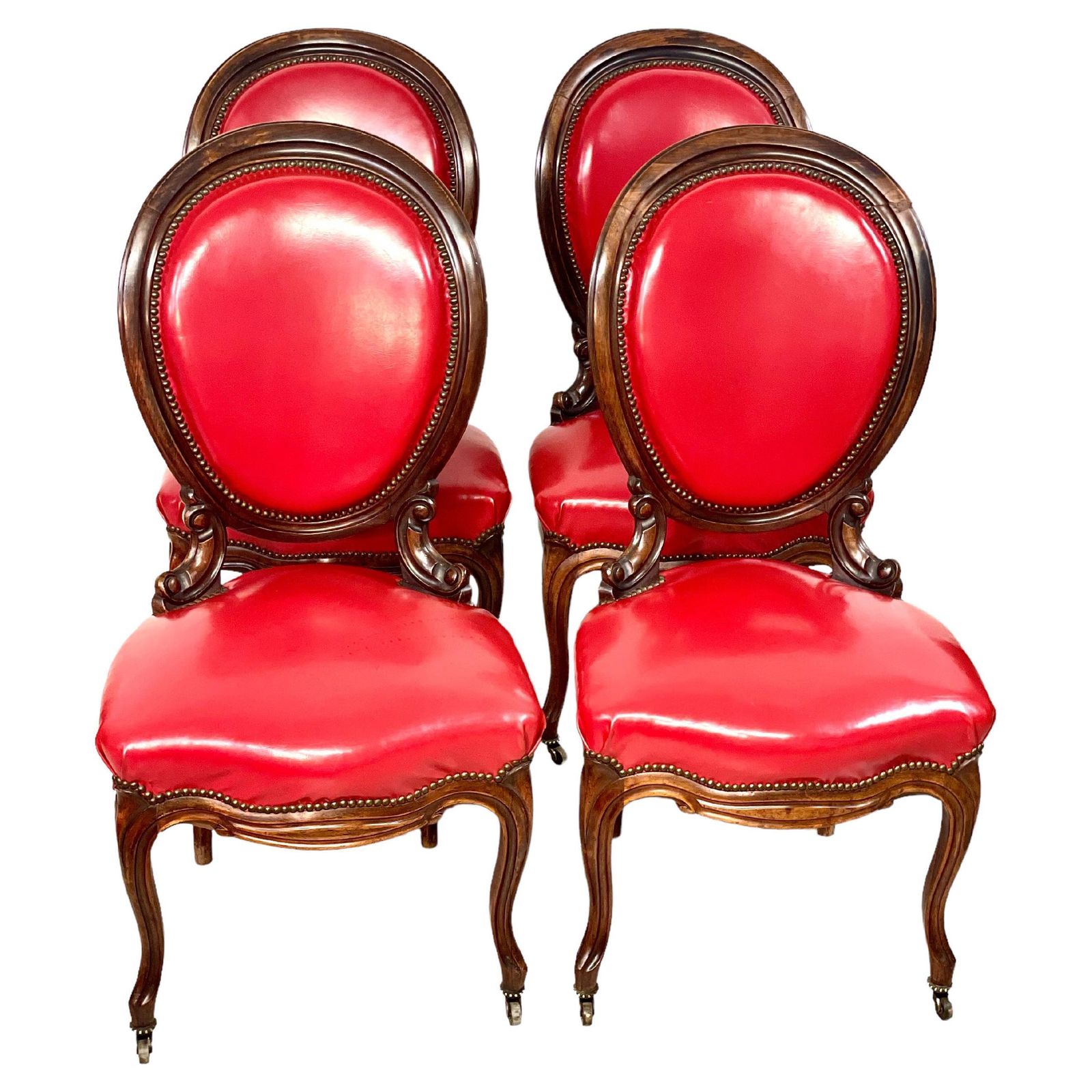 19th Century Set Of Four French Red Leather Dining Chairs
