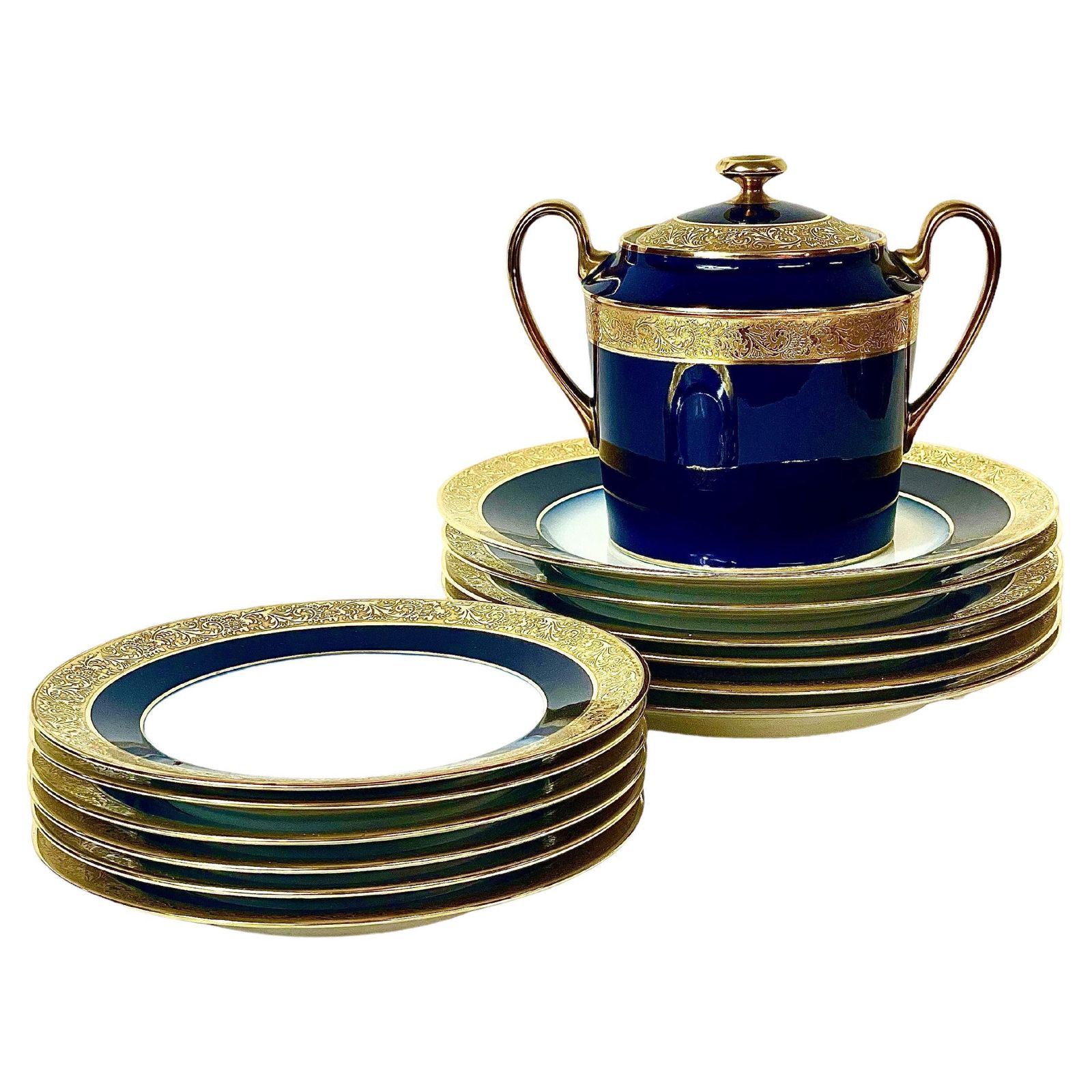 Limoges Porcelain Service Glazed In An Opulent Royal Blue With Gilt Edges