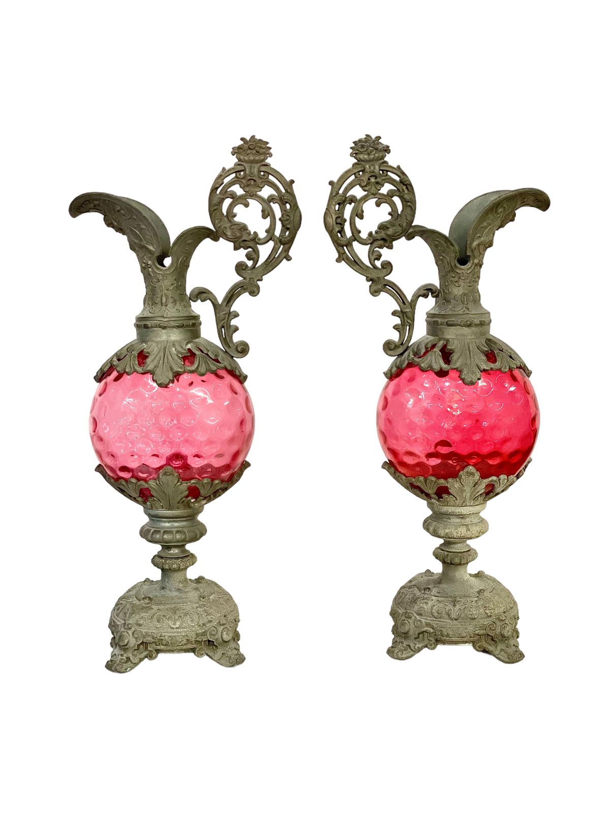 19th Century French Pair Of Tall Silver Plated Ewers With Pink Glass photo for sale