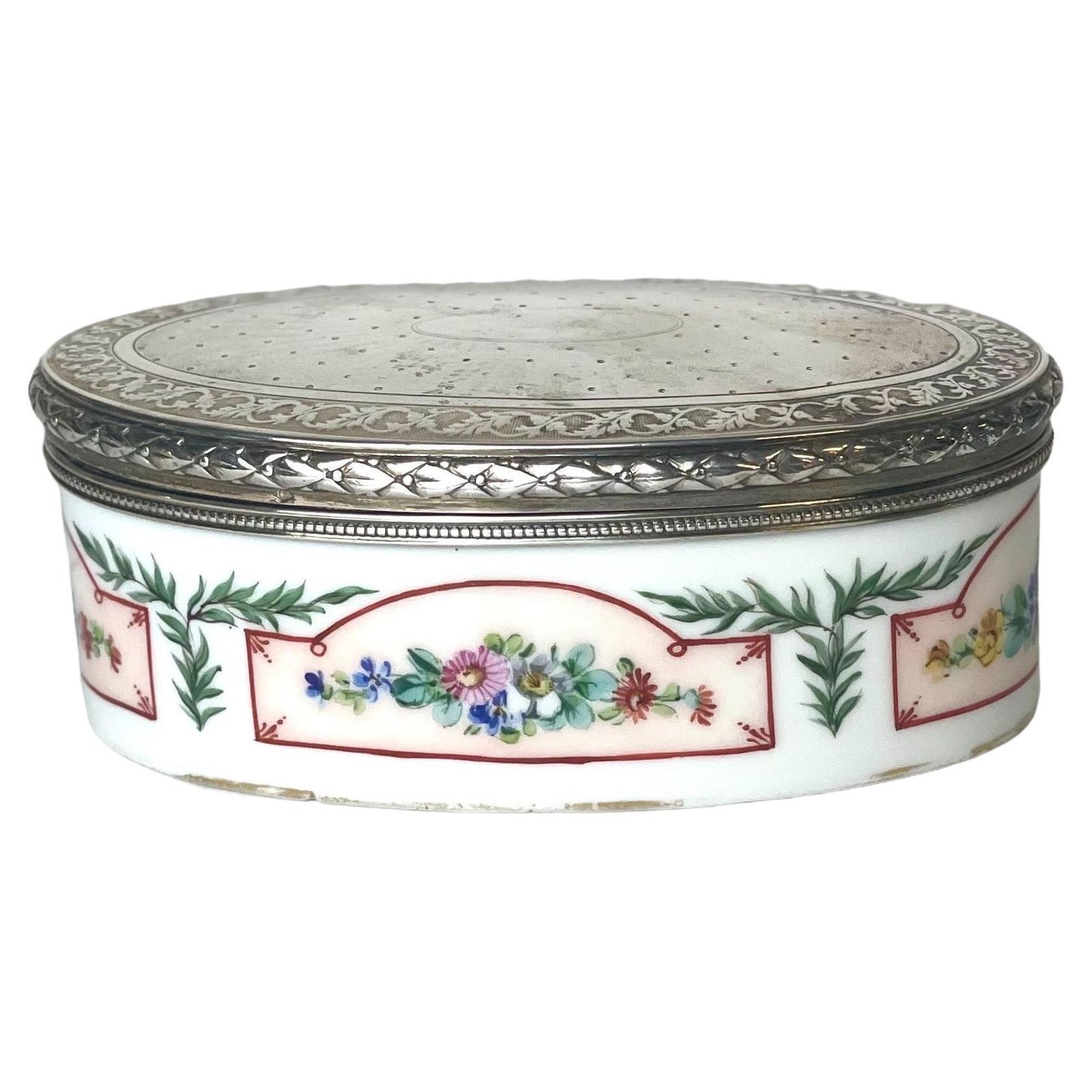 Sterling Silver, Lidded Porcelain Trinket Or Snuff Box