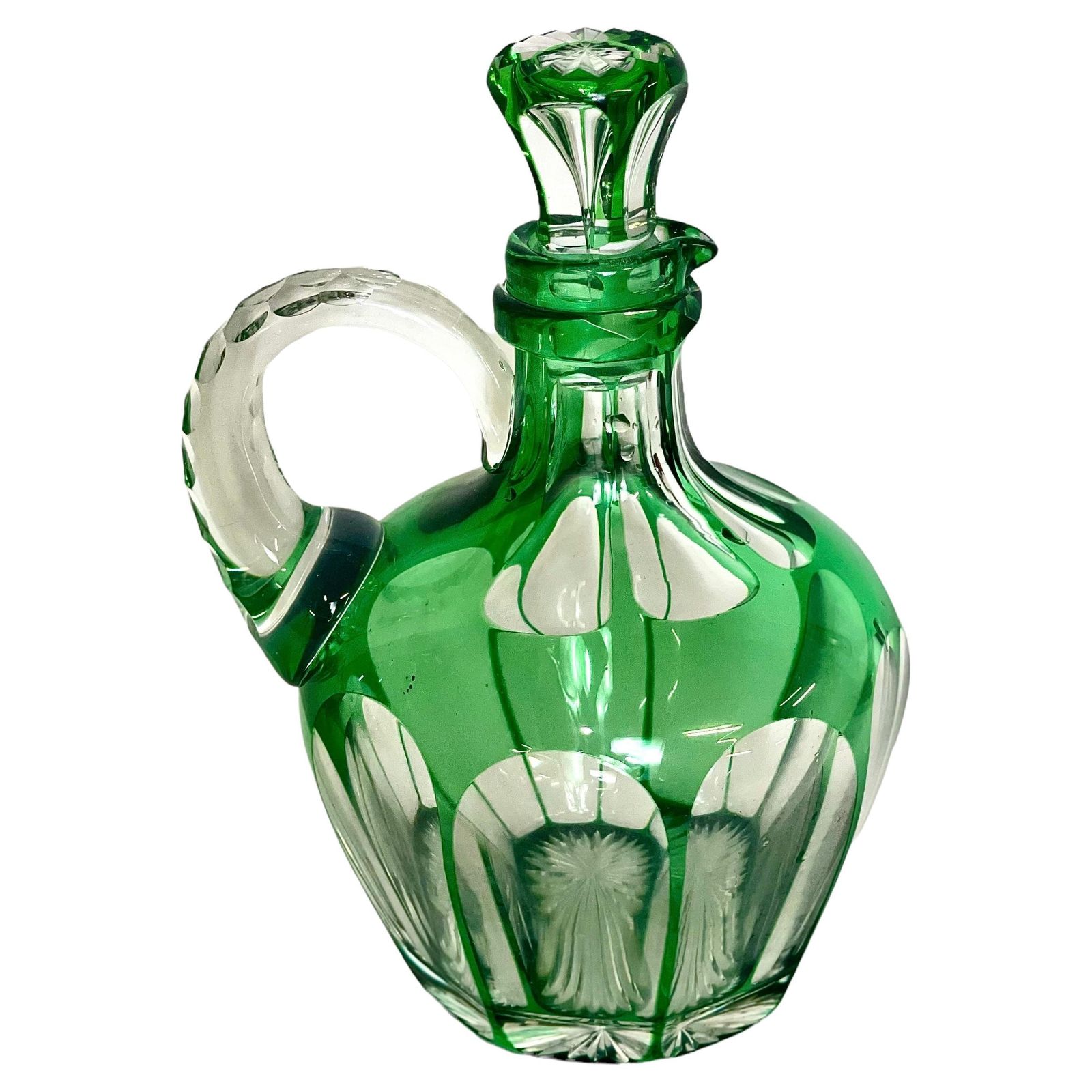 Vintage French Green Overlay Crystal Liqueur Decanter With Handle