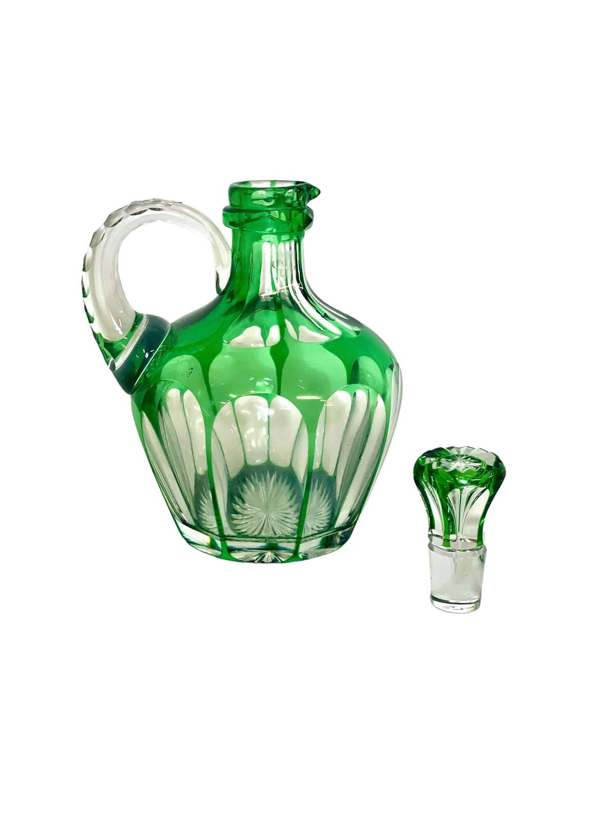 Vintage French Green Overlay Crystal Liqueur Decanter With Handle photo for sale