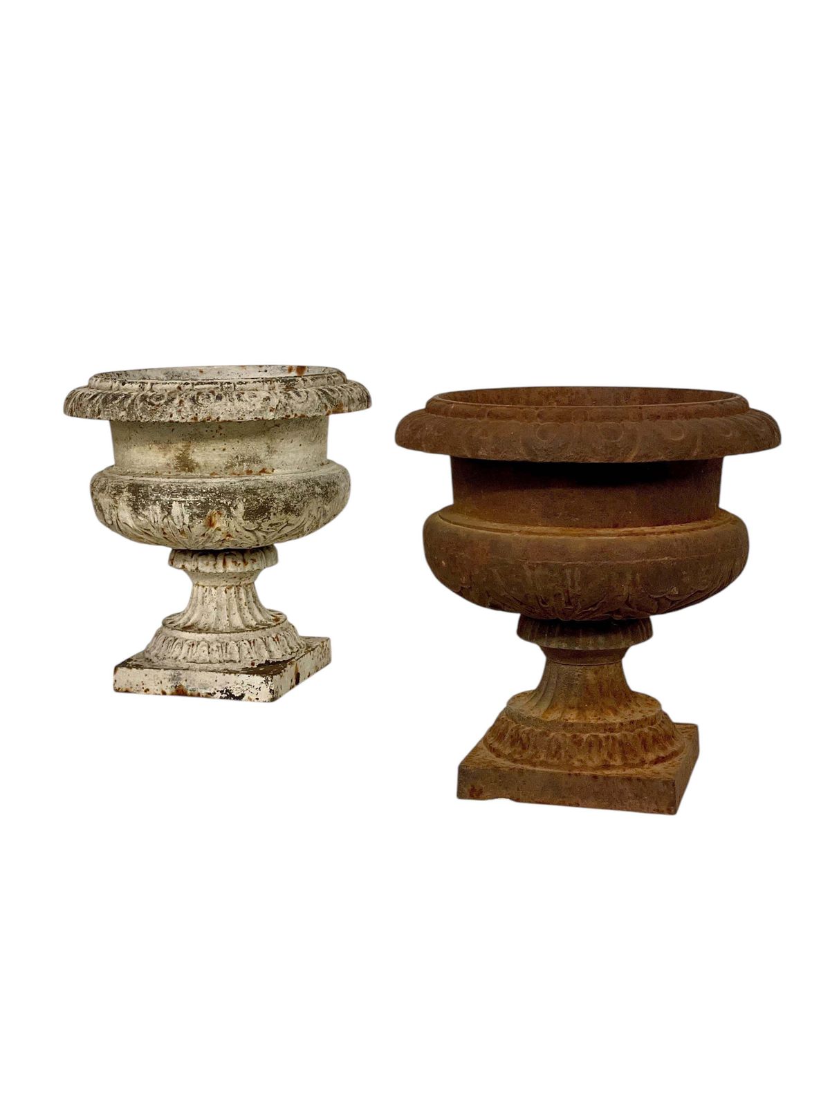 photo for sale 19th Century Pair Of Petite Louis XVI Cast Iron Garden Urns