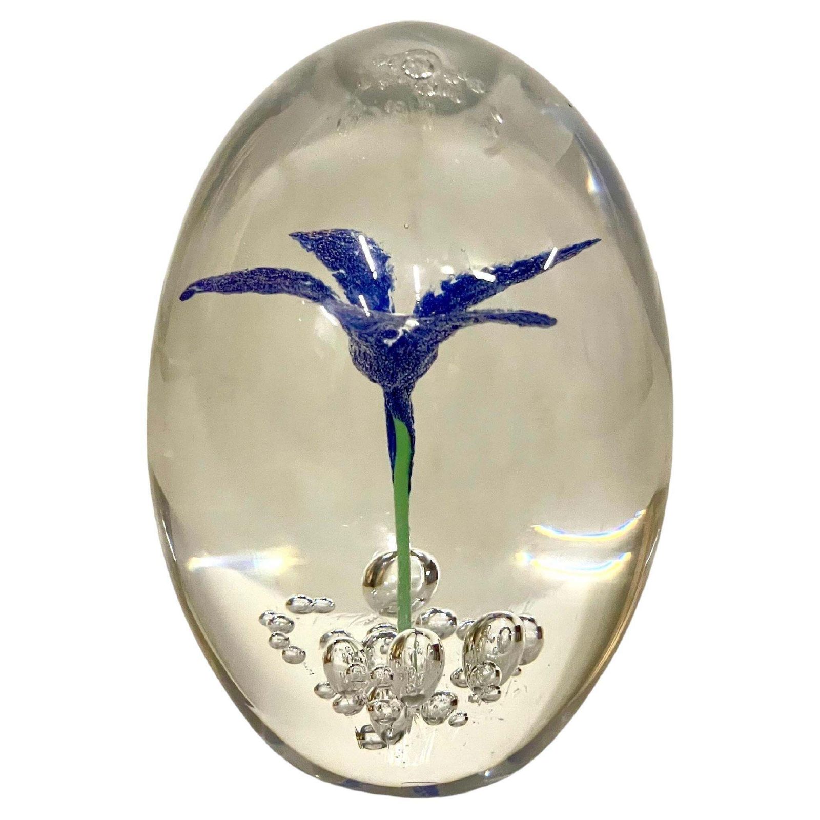 By Daum Sulphide Paperweight With Blue Flower
