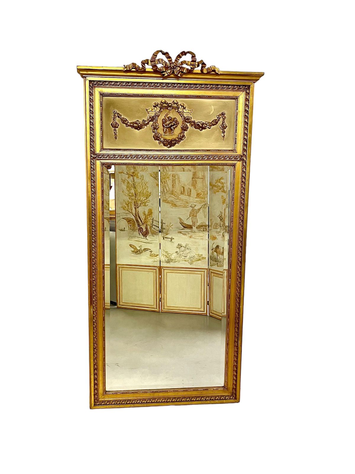 Home Decor 19th Century Louis XVI Trumeau Gilded Mirror With Mischievous Cherubs Design photo