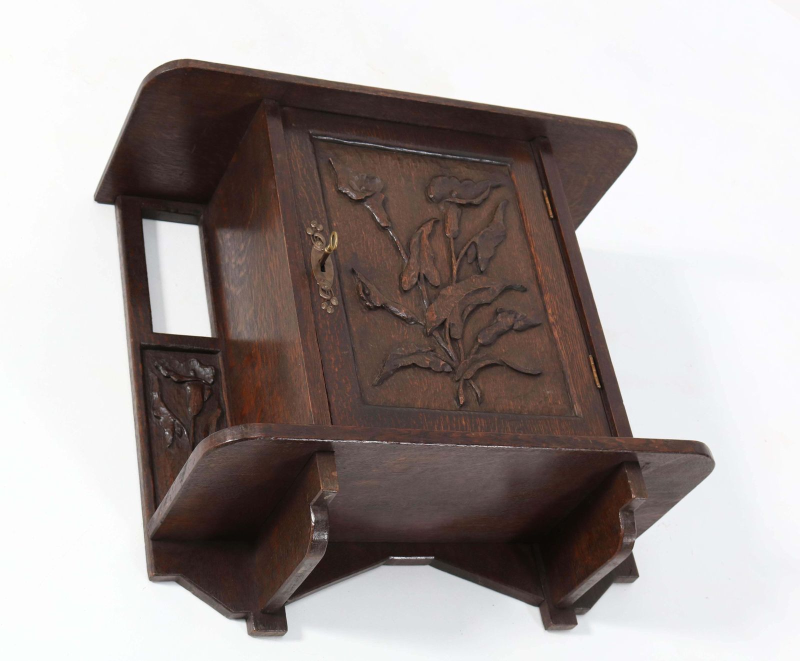 Oak Arts & Crafts Art Nouveau Wall Cabinet With Calla Lilies, 1900s photo 1240.0
