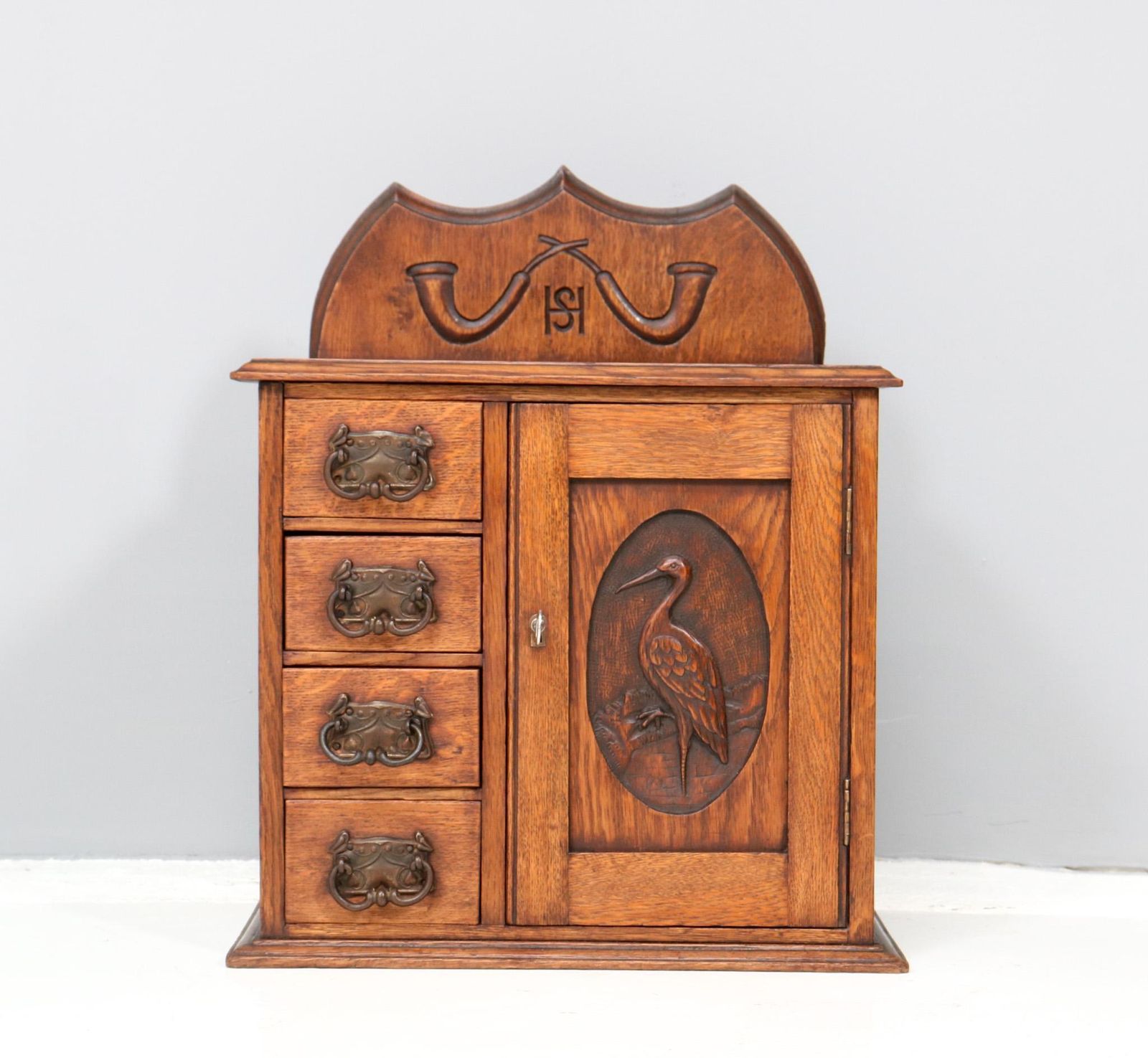 Oak Arts & Crafts Wall Cabinet With Hand Carved Stork, 1900s photo furniture