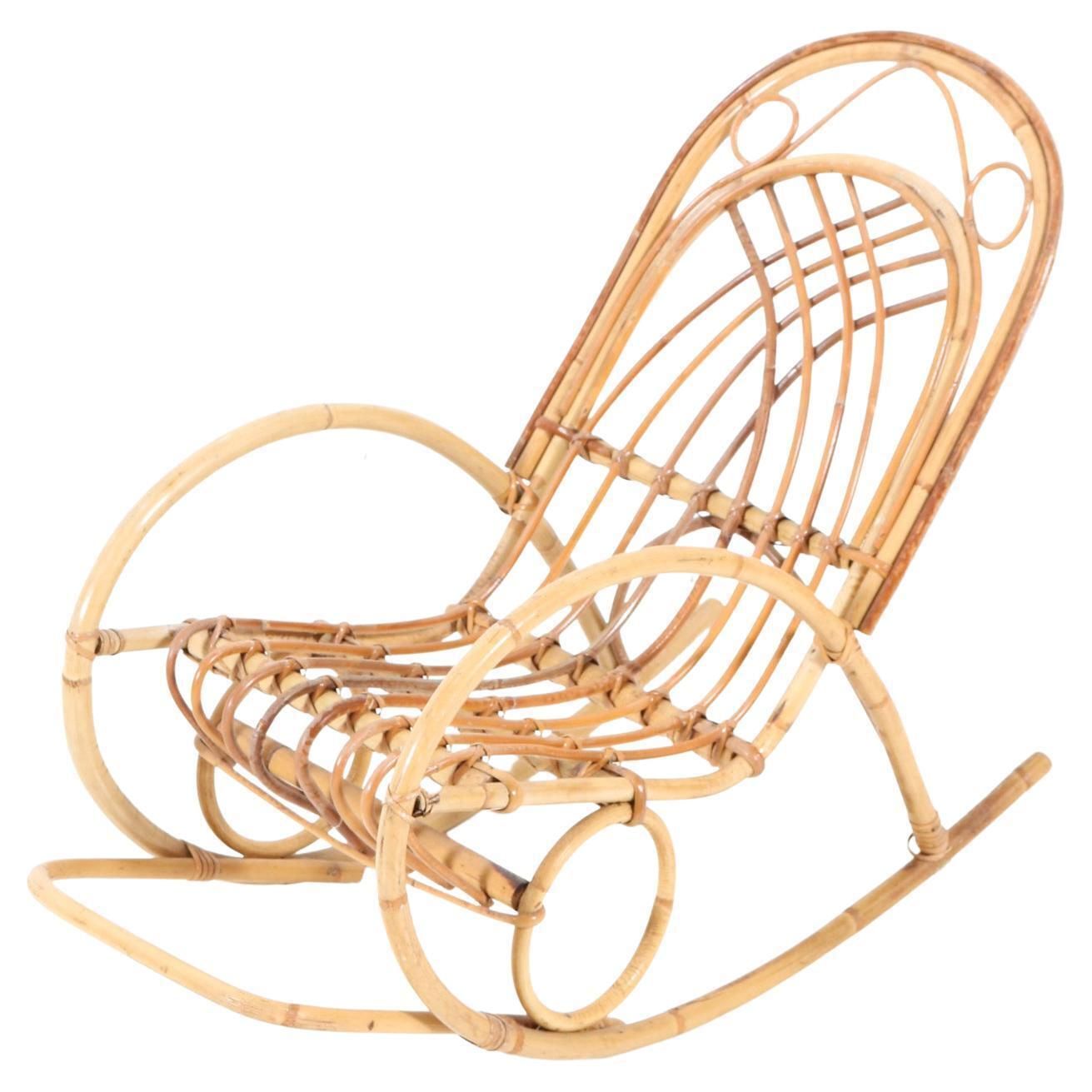Bamboo And Rattan Mid Century Modern Children's Rocking Chair, 1970s