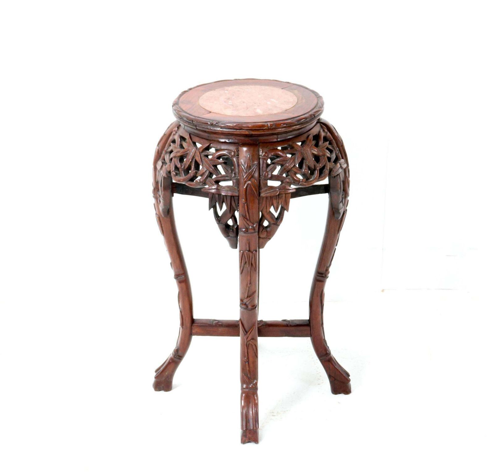 Chinese Hardwood Carved Pedestal Table With Marble Inlaid Top, 1920s photo for sale