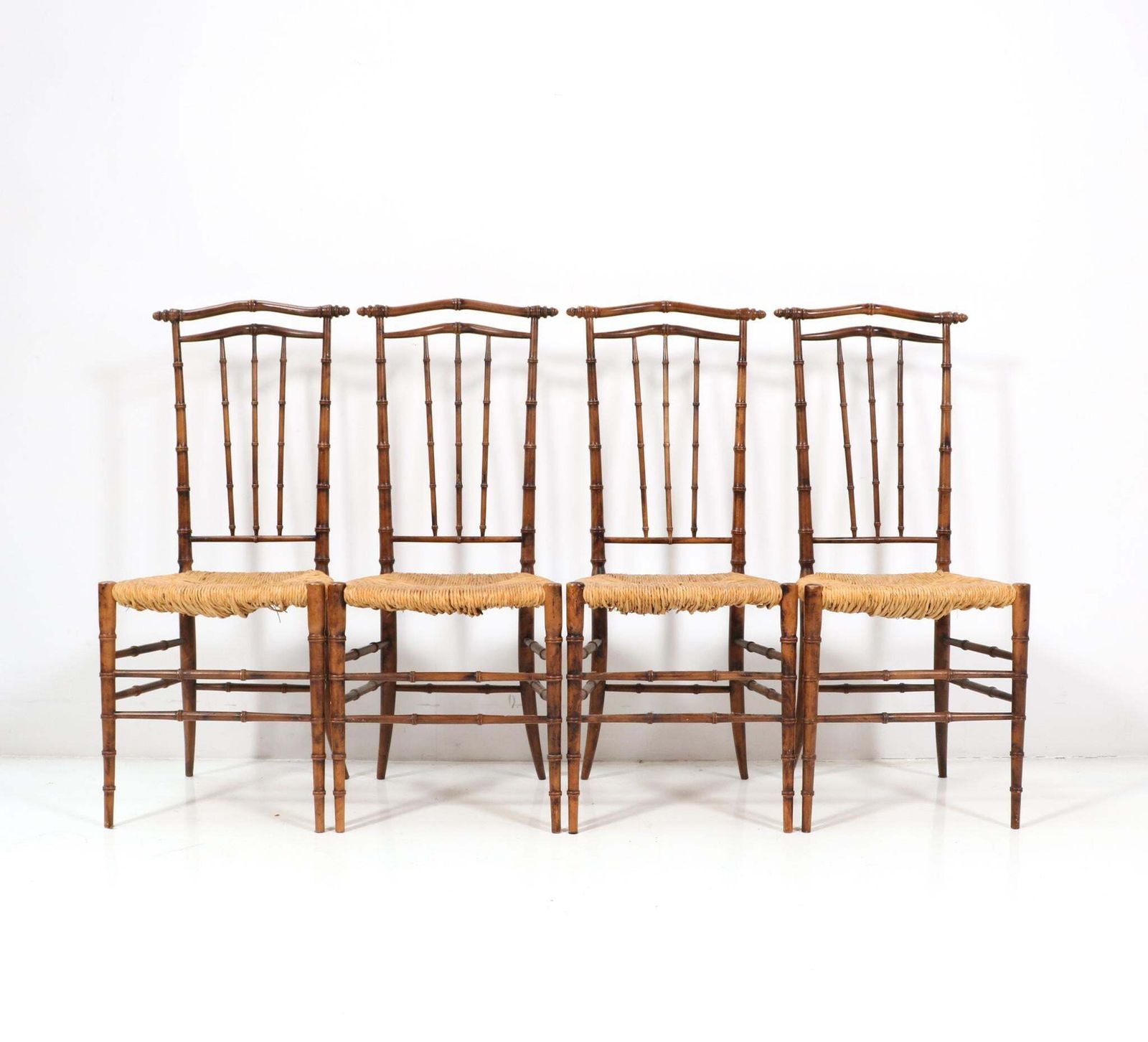 Four Beech Mid Century Modern Faux Bamboo High Back Dining Room Chairs, 1970s photo for sale