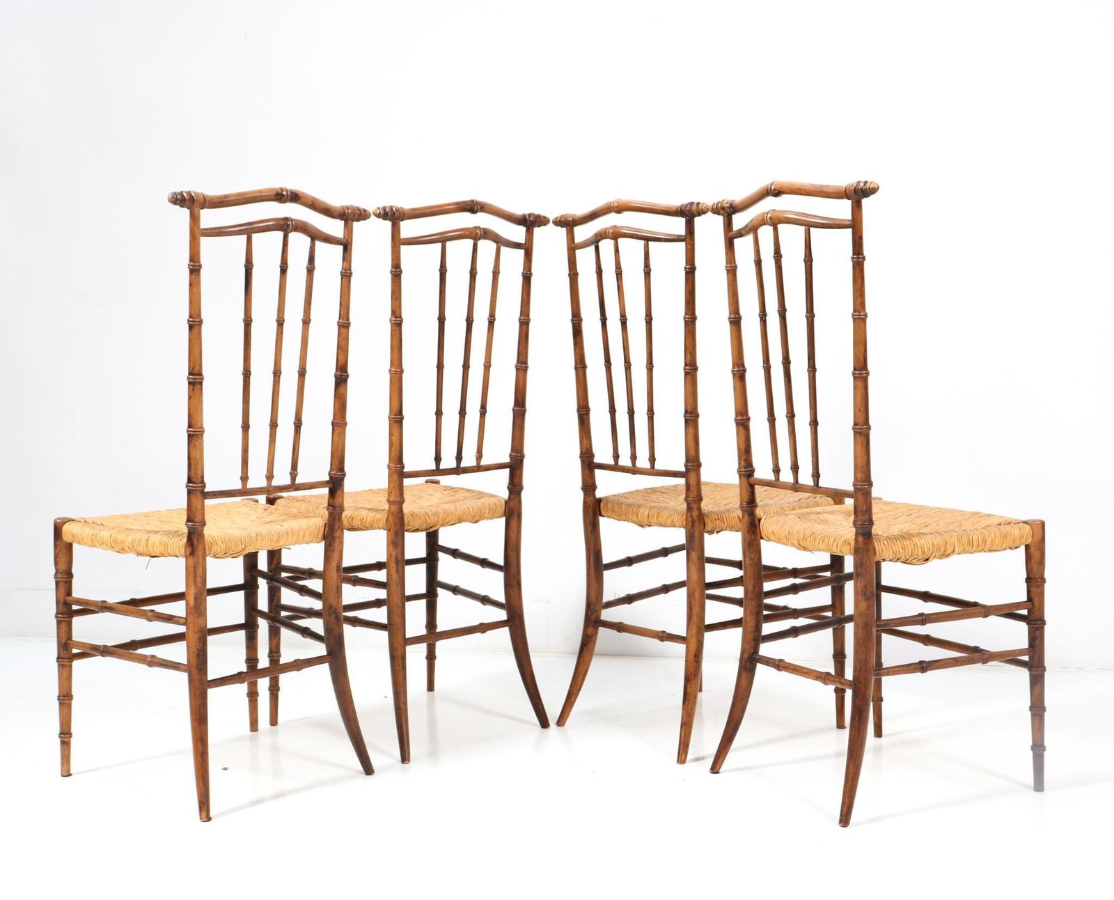 Four Beech Mid Century Modern Faux Bamboo High Back Dining Room Chairs, 1970s photo Furniture