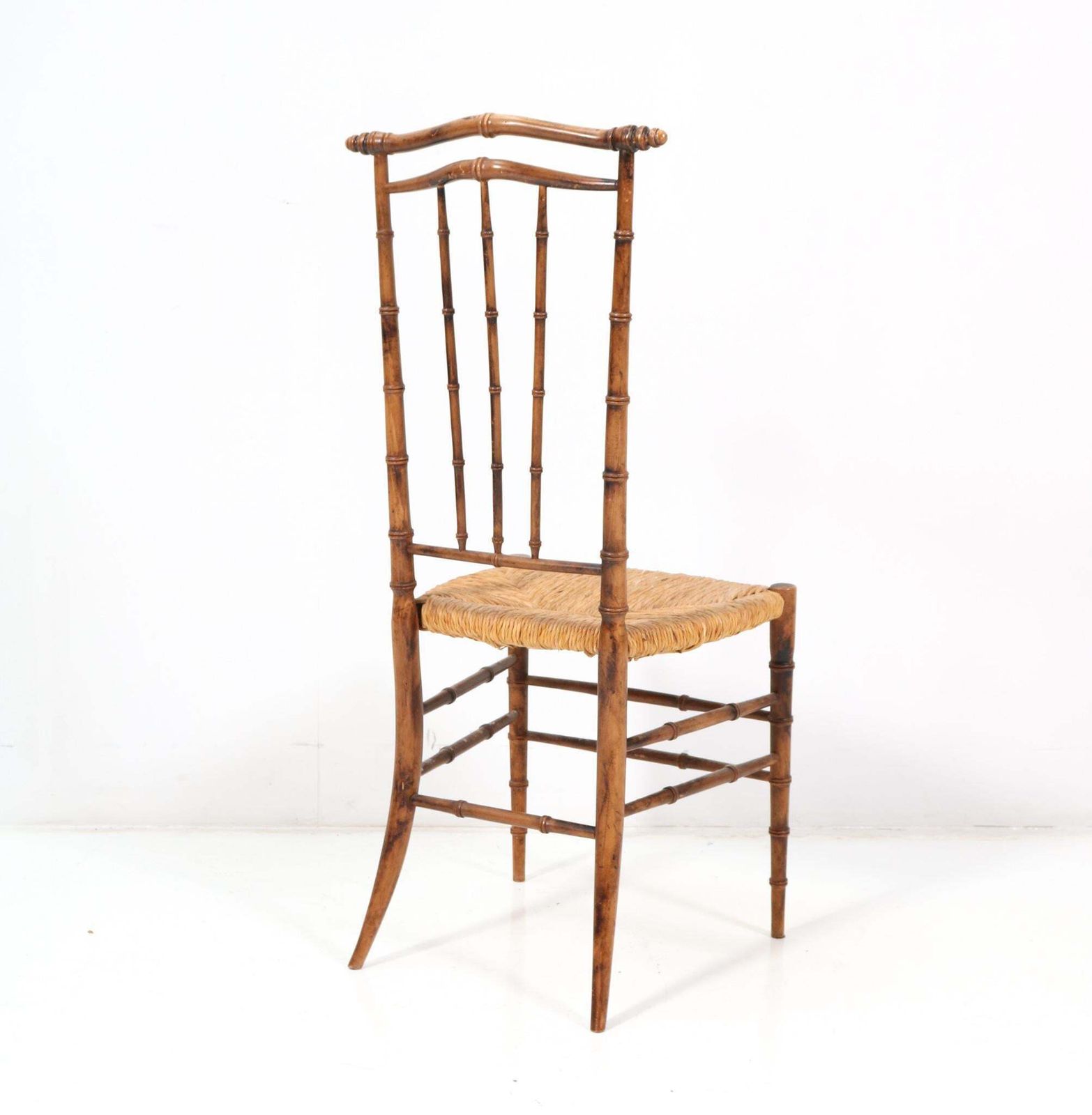 Four Beech Mid Century Modern Faux Bamboo High Back Dining Room Chairs, 1970s photo vintage