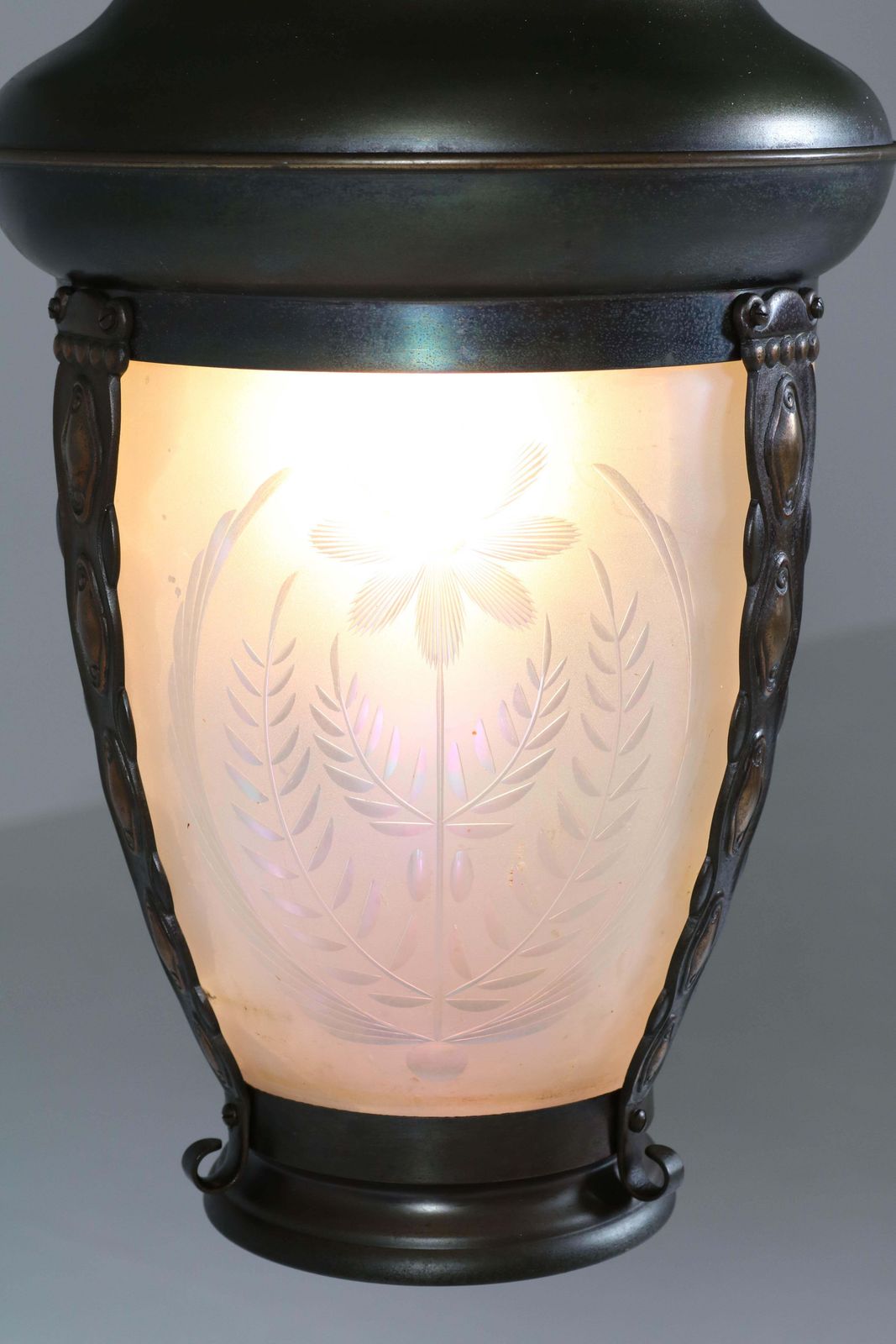 Brass Art Nouveau Lantern Or Pendant Lamp With Petrol Glass Shade, 1900s photo 990.0