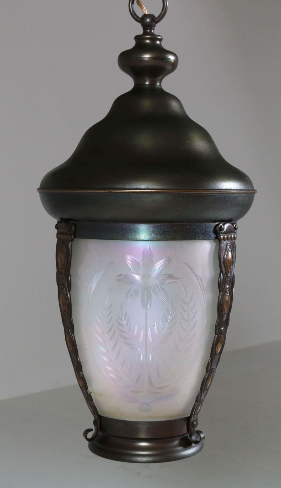 Brass Art Nouveau Lantern Or Pendant Lamp With Petrol Glass Shade, 1900s photo buy