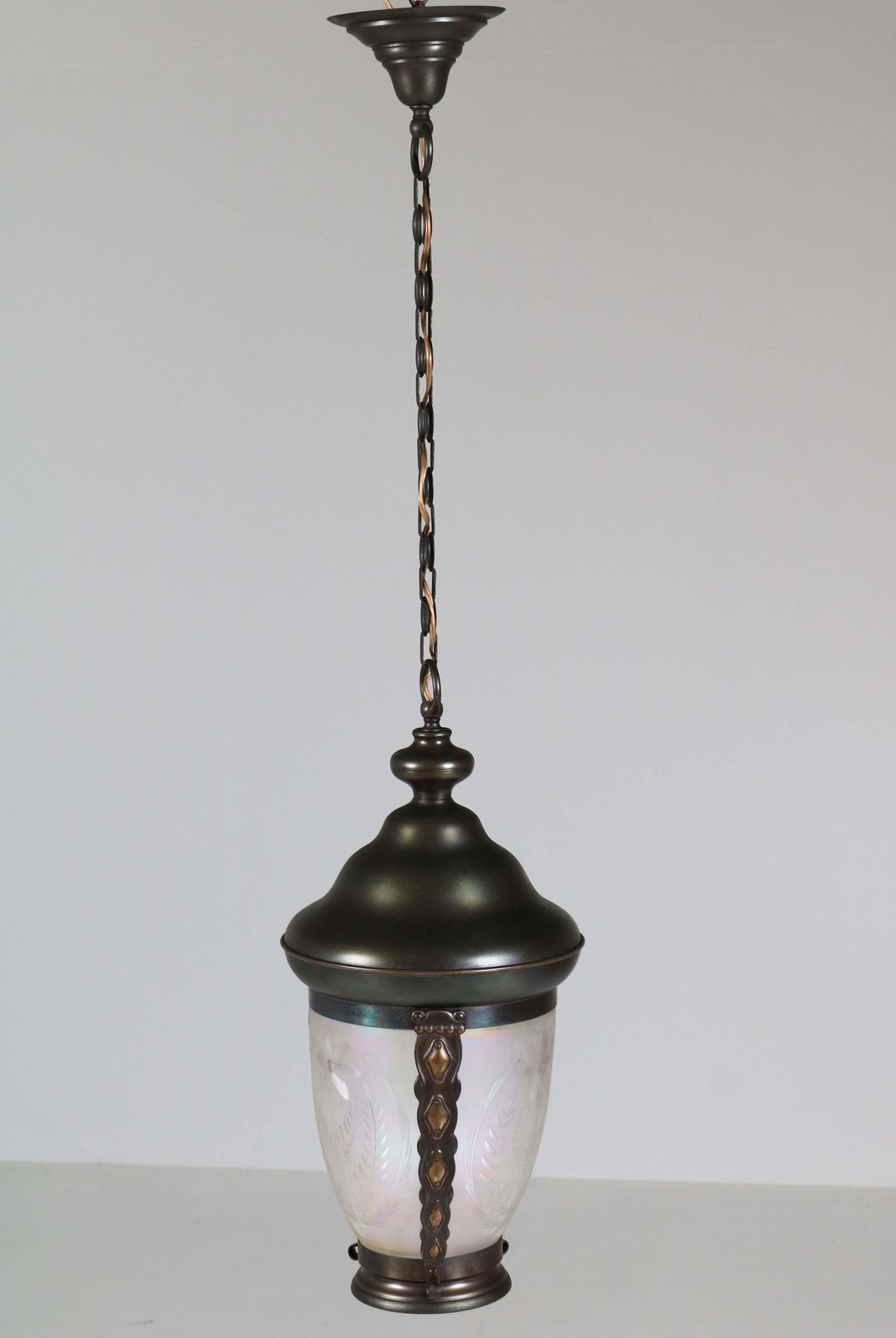 Brass Art Nouveau Lantern Or Pendant Lamp With Petrol Glass Shade, 1900s photo vintage
