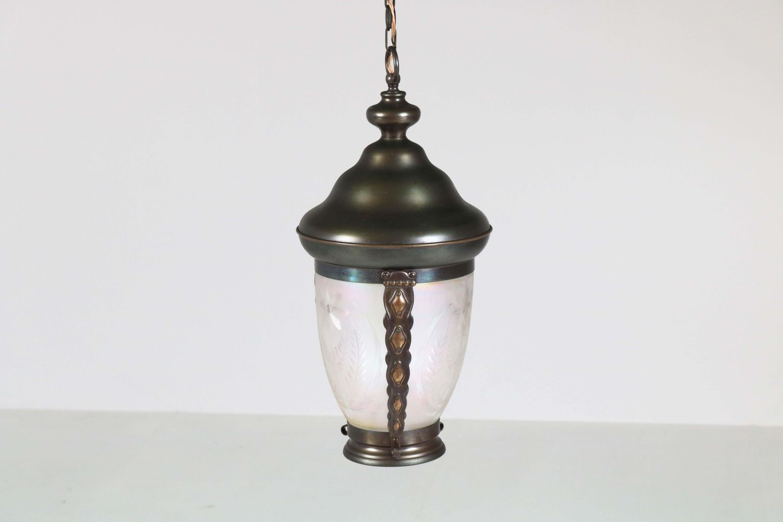photo furniture Brass Art Nouveau Lantern Or Pendant Lamp With Petrol Glass Shade, 1900s