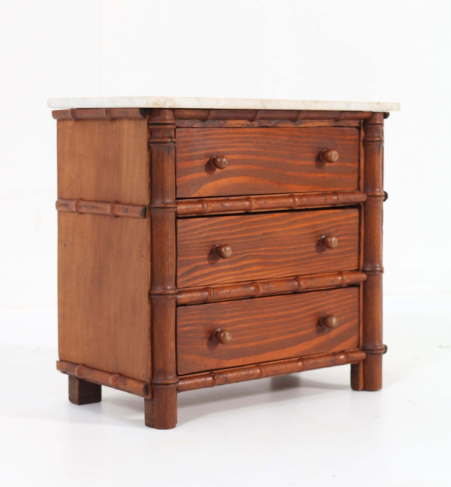 Pine French Faux Bamboo Miniature Chest Of Drawers With Marble Top, 1920s photo for sale