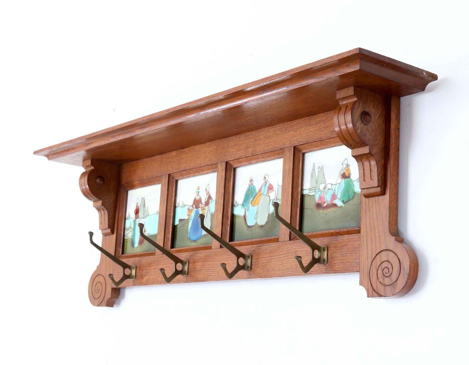 Oak Belgium Art Nouveau Wall Coat Rack With Tiles, 1900s photo furniture