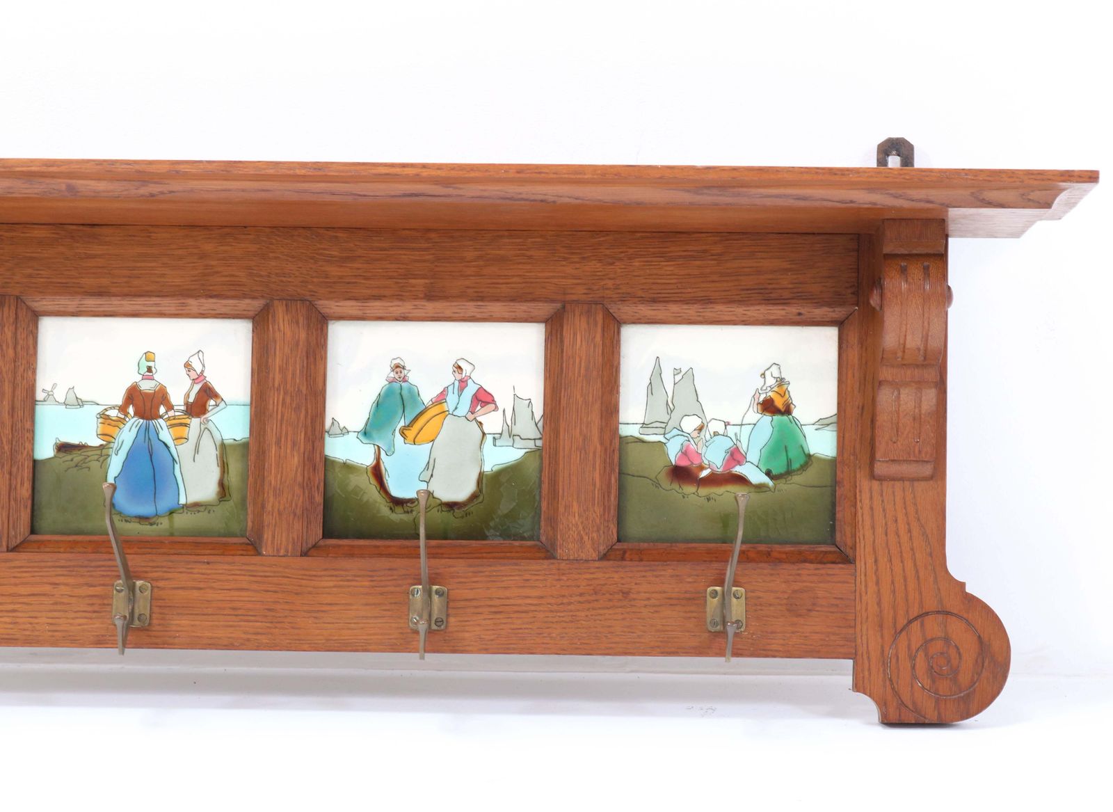 Oak Belgium Art Nouveau Wall Coat Rack With Tiles, 1900s photo vinterior